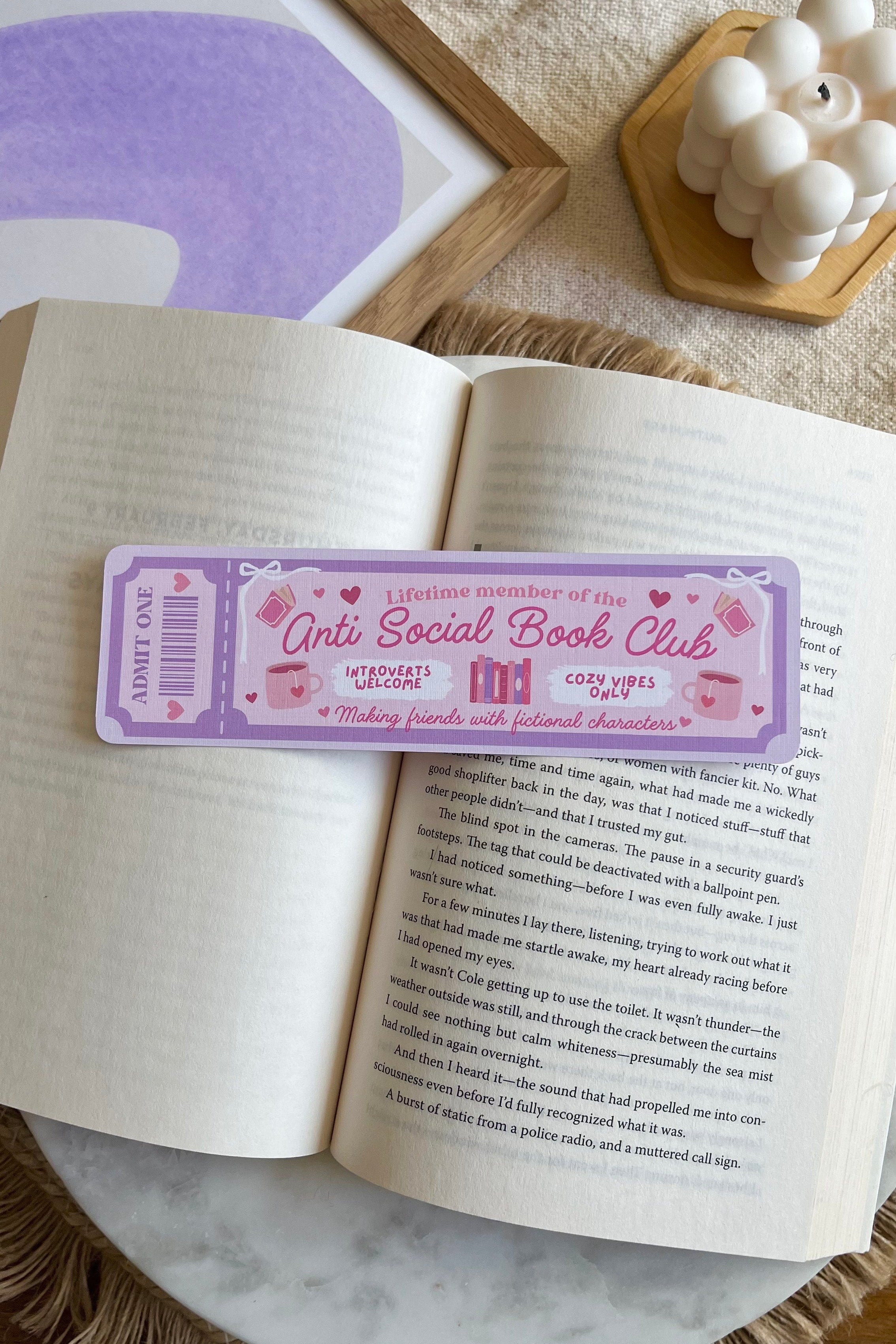 anti social Book Club Ticket Bookmark, Double Sided Bookmark, Bookclub Bookmark, Ticket Bookmark, Reader Gift, Cute Bookmark, gift for reader, bookmarks, book mark, bookish gift, book lover gift, anti social bookmark, linen bookmark, romance trope bookmark, pink and purple bookmark, pink bookmark, purple bookmark
