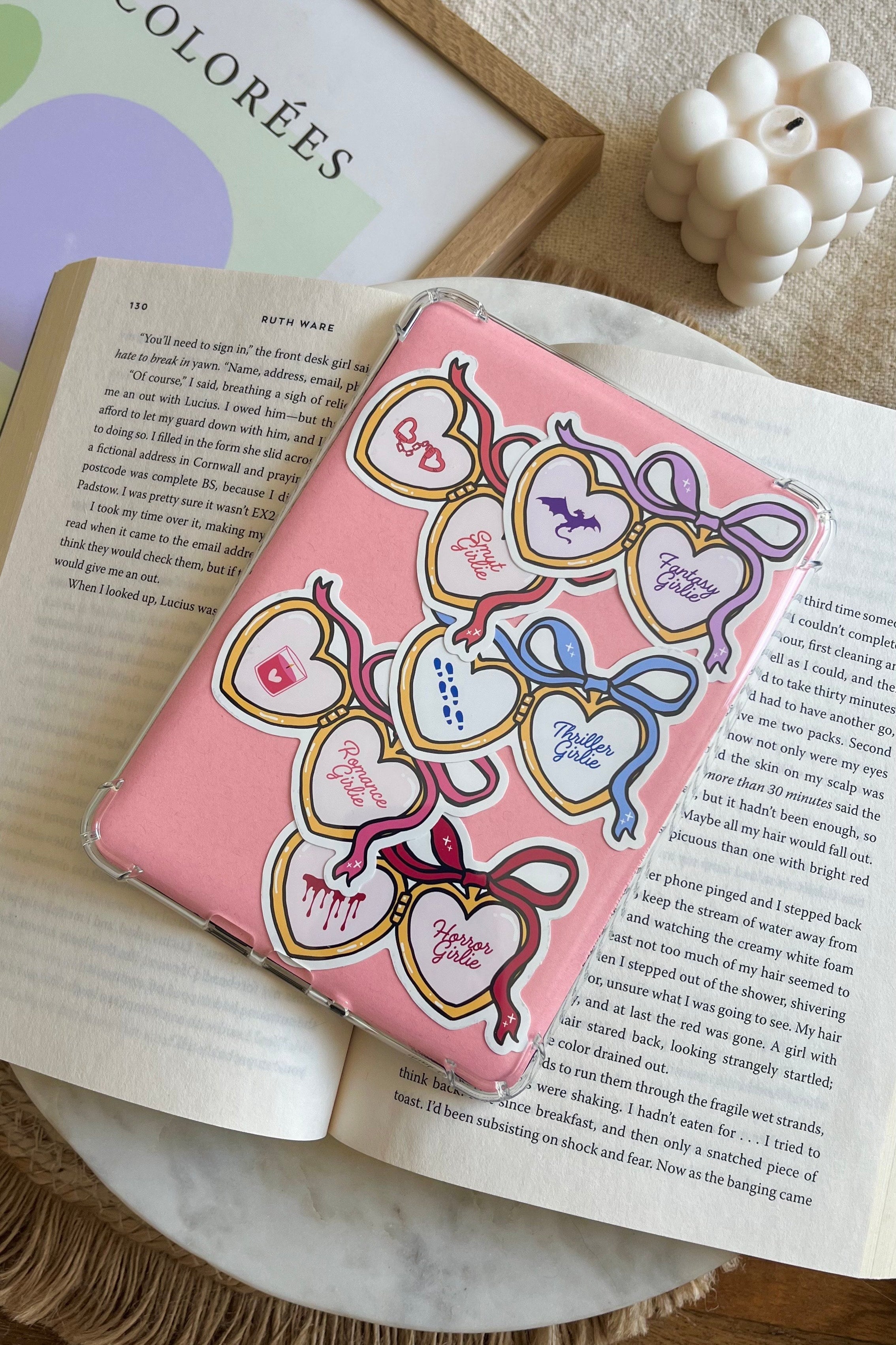 Book locket sticker, Bookish Locket Sticker, Thriller Girlie sticker, Fantasy Girlie sticker, Romance girlie sticker, horror girlie sticker, smut girlie sticker, Waterproof Sticker, Kindle Sticker, Book lover gift, Book lover, ereader sticker, Booktok, book tropes sticker