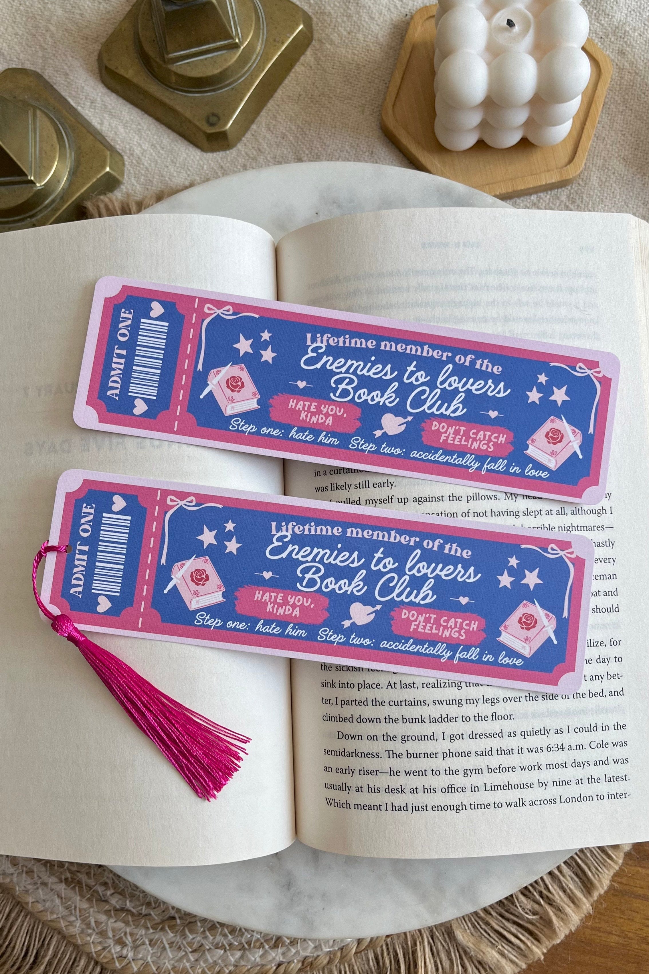 enemies to lovers Book Club Ticket Bookmark, Double Sided Bookmark, Bookclub Bookmark, Ticket Bookmark, Reader Gift, Cute Bookmark, gift for reader, bookmarks, book mark, bookish gift, book lover gift, enemies to lovers bookmark, linen bookmark, romance trope bookmark