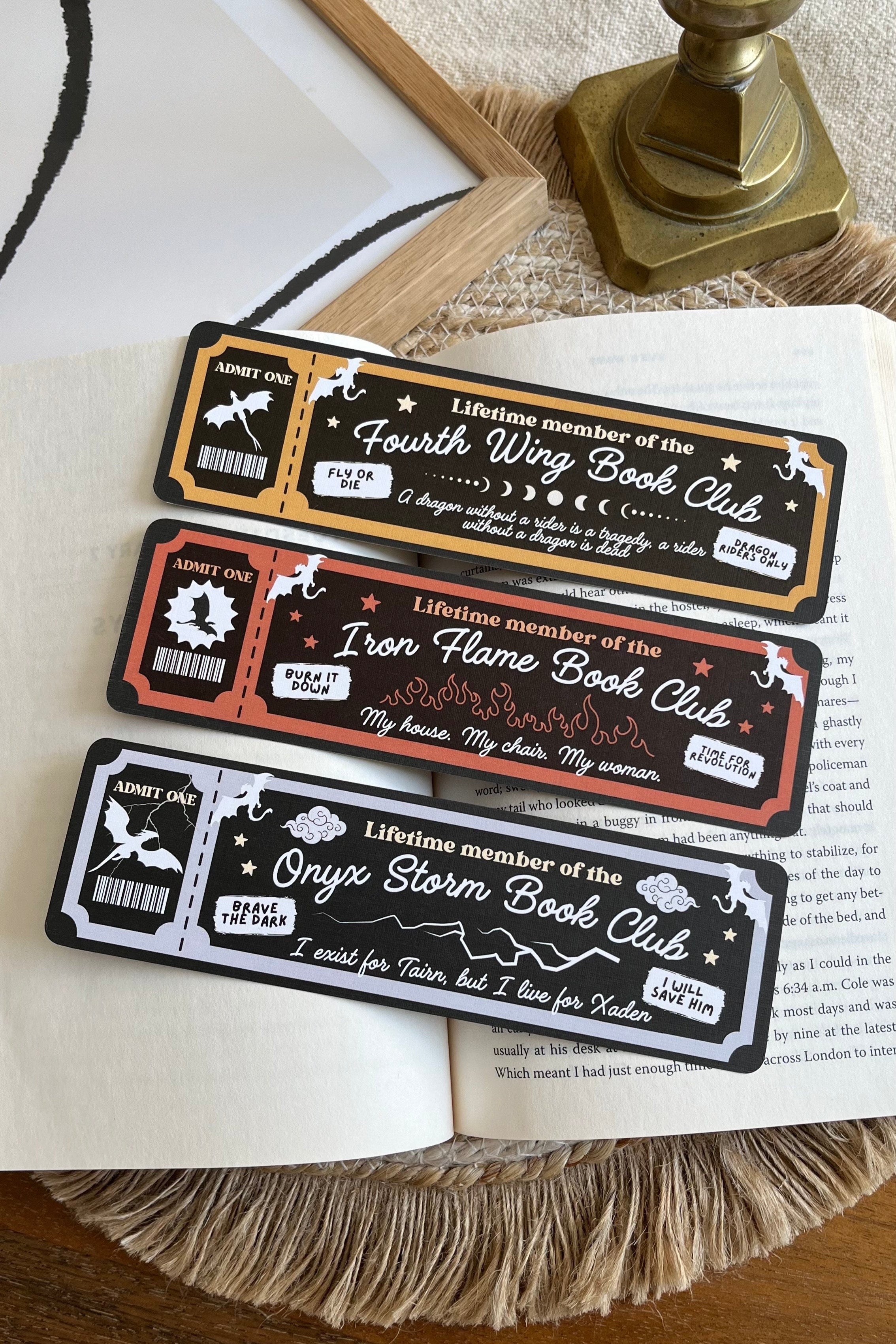 fourth wing Book Club Ticket Bookmark, Double Sided Bookmark, Bookclub Bookmark, Ticket Bookmark, Reader Gift, Cute Bookmark, gift for reader, bookmarks, book mark, bookish gift, book lover gift, fourth wing Merch, fourth wing accessories, onyx storm, iron flame, fourth wing, bounded bloom, linen bookmark