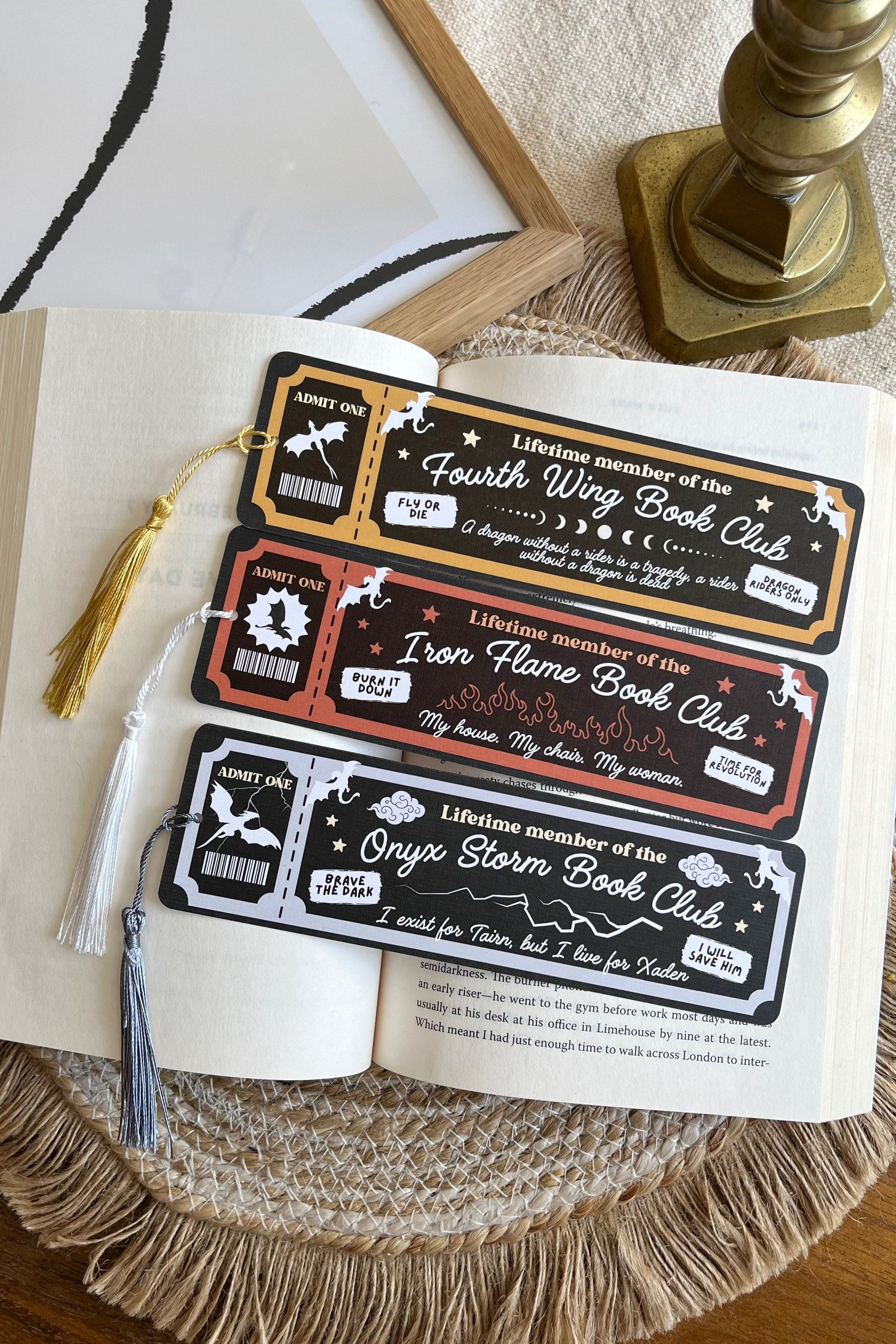 fourth wing Book Club Ticket Bookmark, Double Sided Bookmark, Bookclub Bookmark, Ticket Bookmark, Reader Gift, Cute Bookmark, gift for reader, bookmarks, book mark, bookish gift, book lover gift, fourth wing Merch, fourth wing accessories, onyx storm, iron flame, fourth wing, bounded bloom, linen bookmark