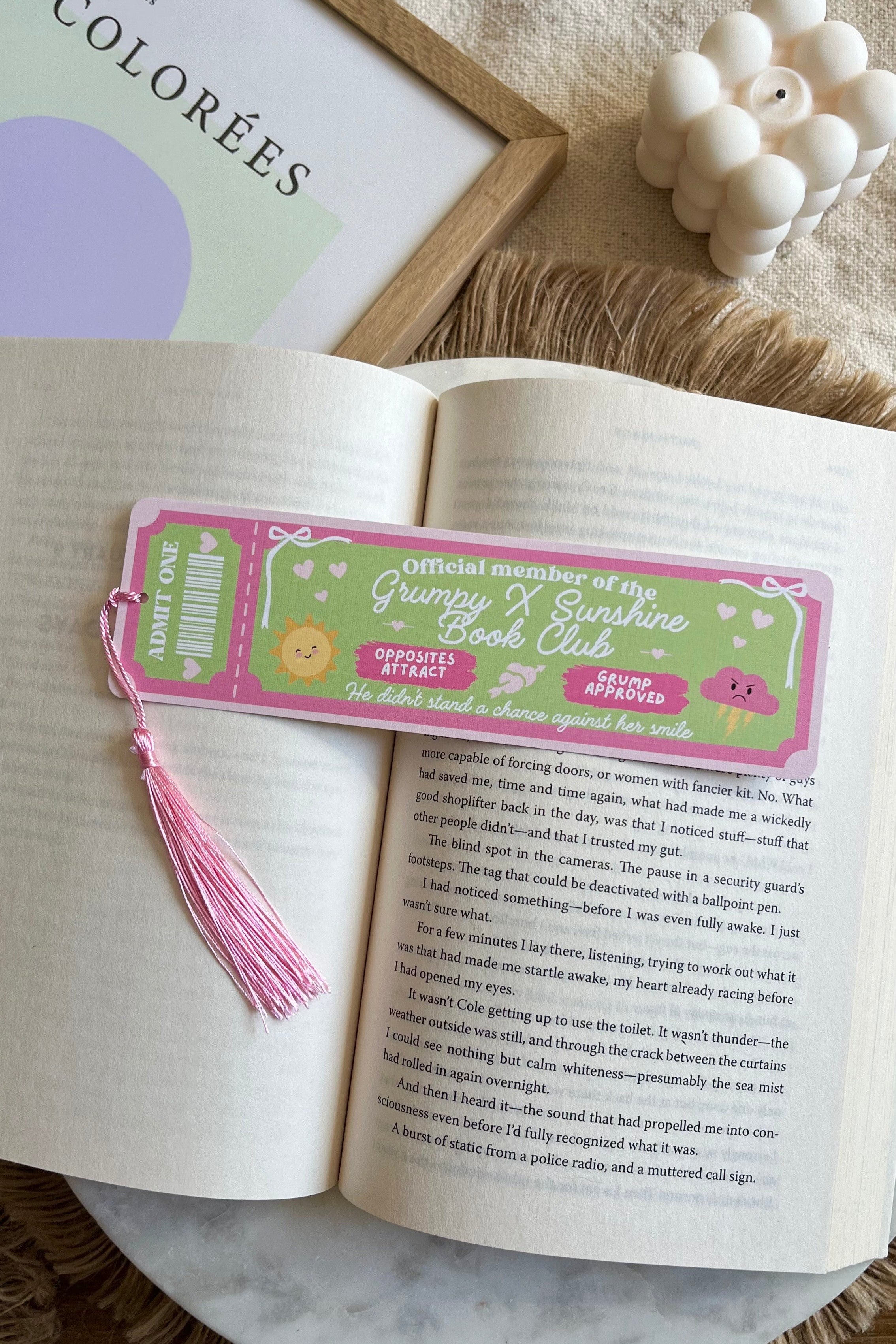grumpy sunshine Book Club Ticket Bookmark, Double Sided Bookmark, Bookclub Bookmark, Ticket Bookmark, Reader Gift, Cute Bookmark, gift for reader, bookmarks, book mark, bookish gift, book lover gift, grumpy sunshine bookmark, linen bookmark, romance trope bookmark, green bookmark, bookmark with tassle, pink bookmark