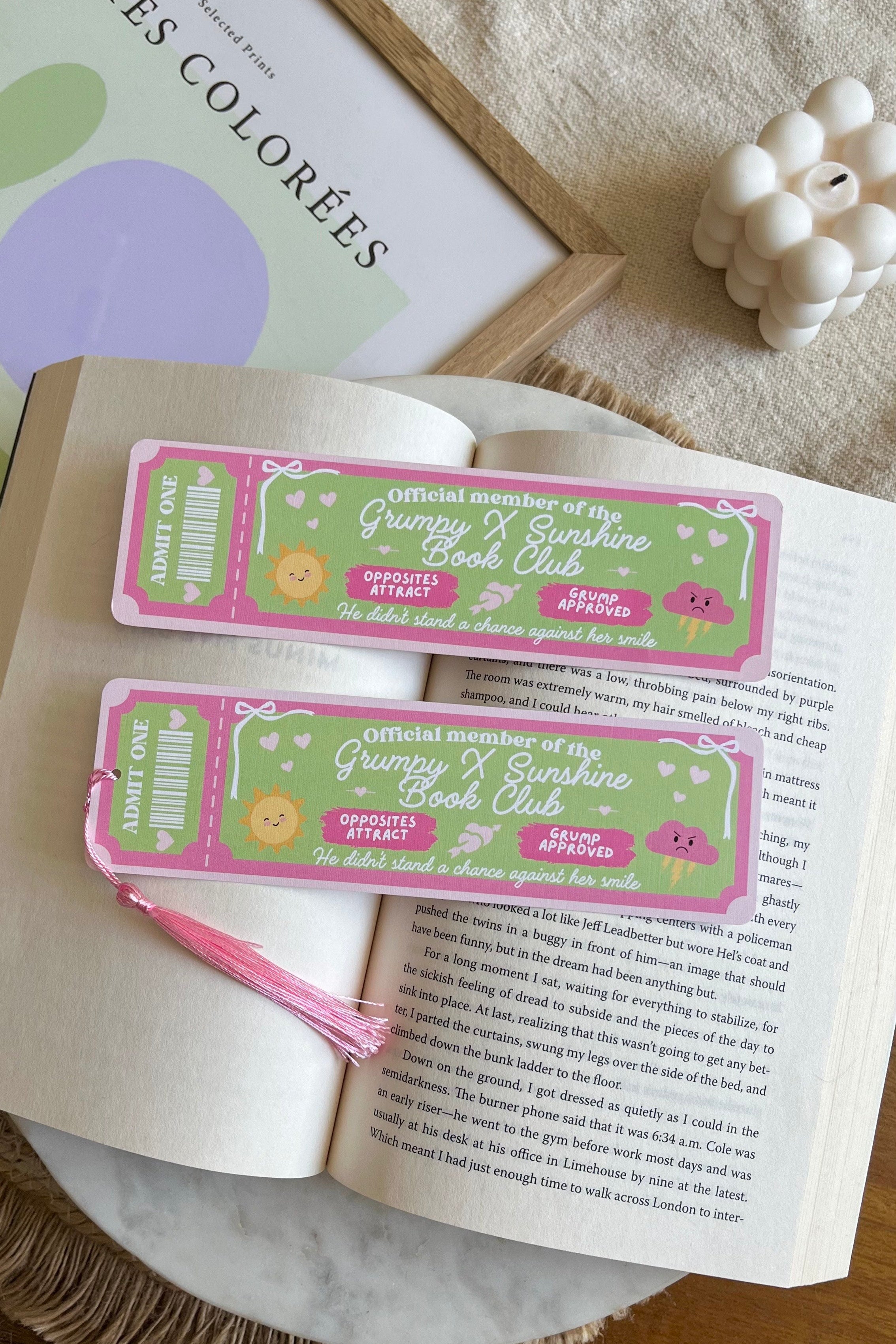 grumpy sunshine Book Club Ticket Bookmark, Double Sided Bookmark, Bookclub Bookmark, Ticket Bookmark, Reader Gift, Cute Bookmark, gift for reader, bookmarks, book mark, bookish gift, book lover gift, grumpy sunshine bookmark, linen bookmark, romance trope bookmark, green bookmark, bookmark with tassle, pink bookmark