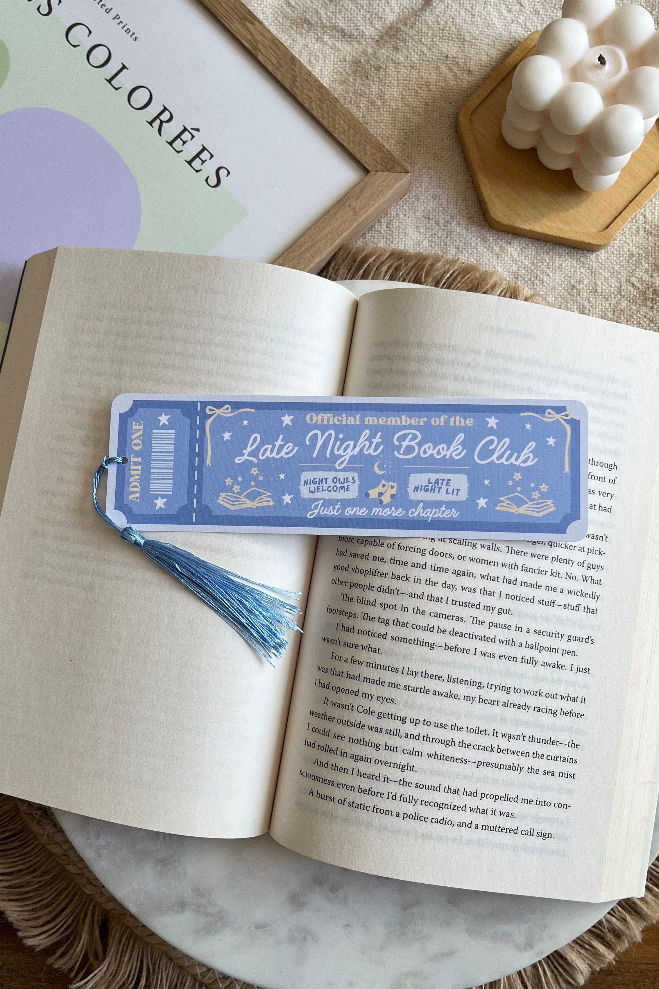 late night Book Club Ticket Bookmark, Double Sided Bookmark, Bookclub Bookmark, Ticket Bookmark, Reader Gift, Cute Bookmark, gift for reader, bookmarks, book mark, bookish gift, book lover gift, late night bookbluc bookmark, linen bookmark, blue bookmark