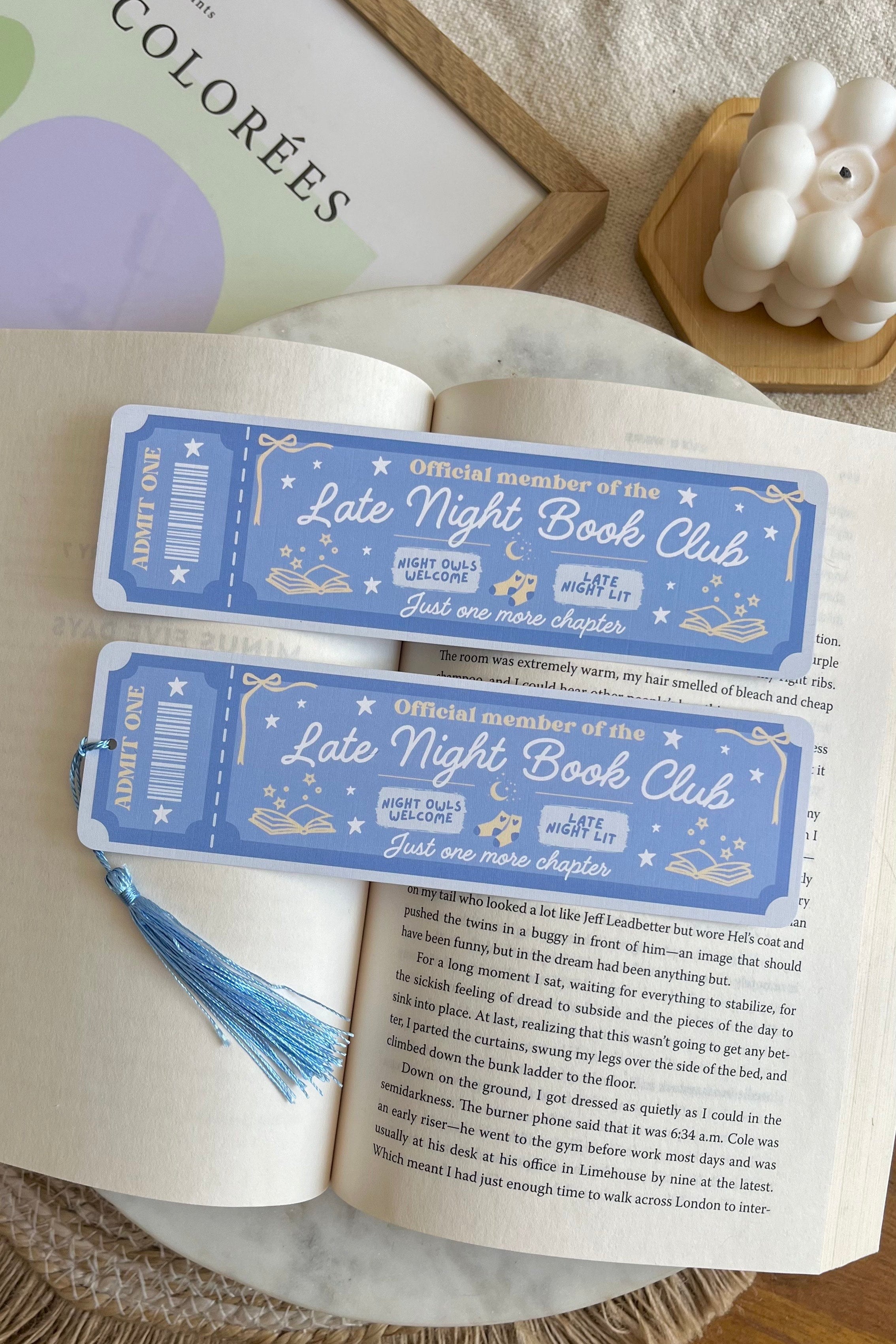 late night Book Club Ticket Bookmark, Double Sided Bookmark, Bookclub Bookmark, Ticket Bookmark, Reader Gift, Cute Bookmark, gift for reader, bookmarks, book mark, bookish gift, book lover gift, late night bookbluc bookmark, linen bookmark, blue bookmark