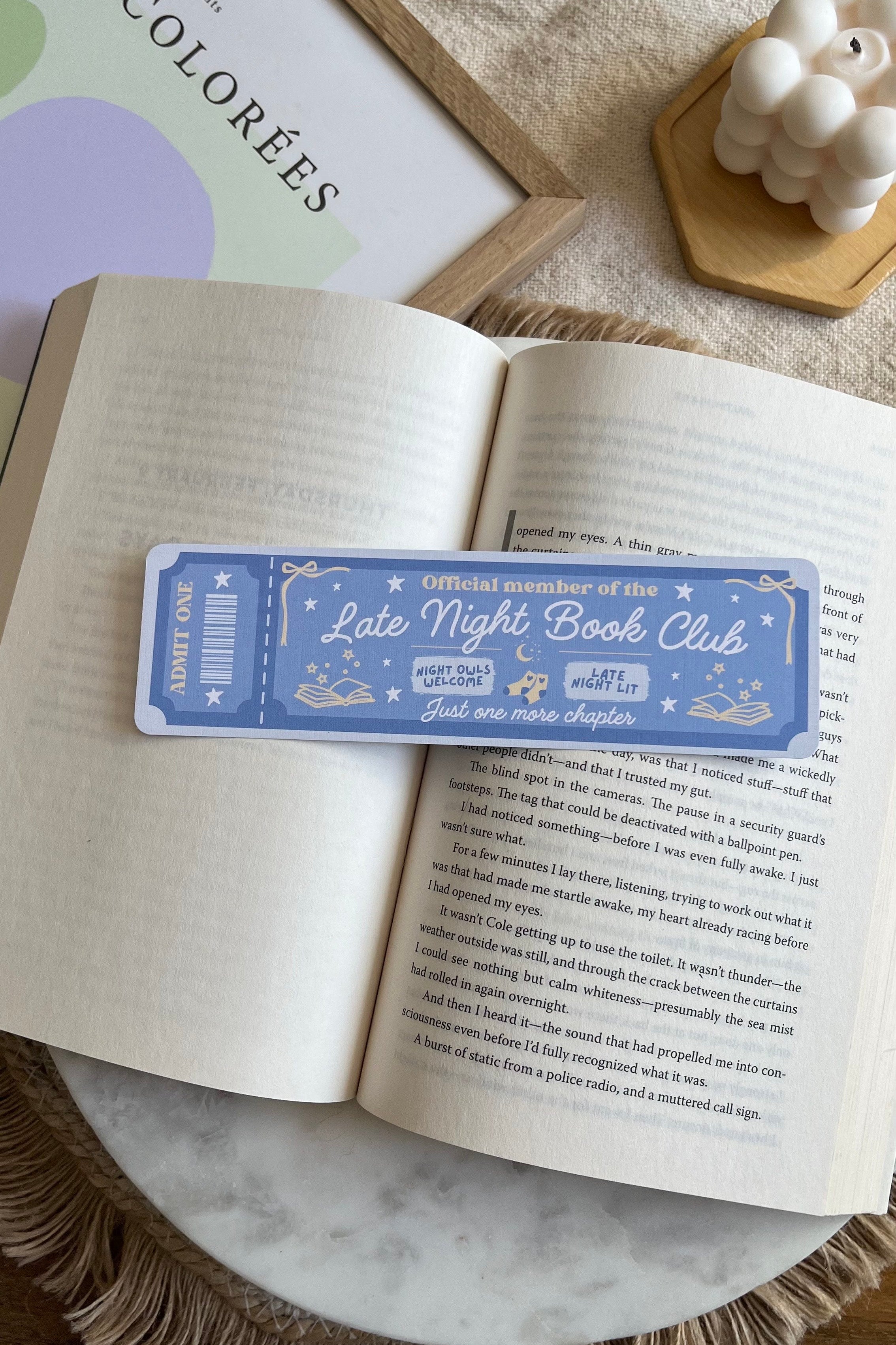 late night Book Club Ticket Bookmark, Double Sided Bookmark, Bookclub Bookmark, Ticket Bookmark, Reader Gift, Cute Bookmark, gift for reader, bookmarks, book mark, bookish gift, book lover gift, late night bookbluc bookmark, linen bookmark, blue bookmark