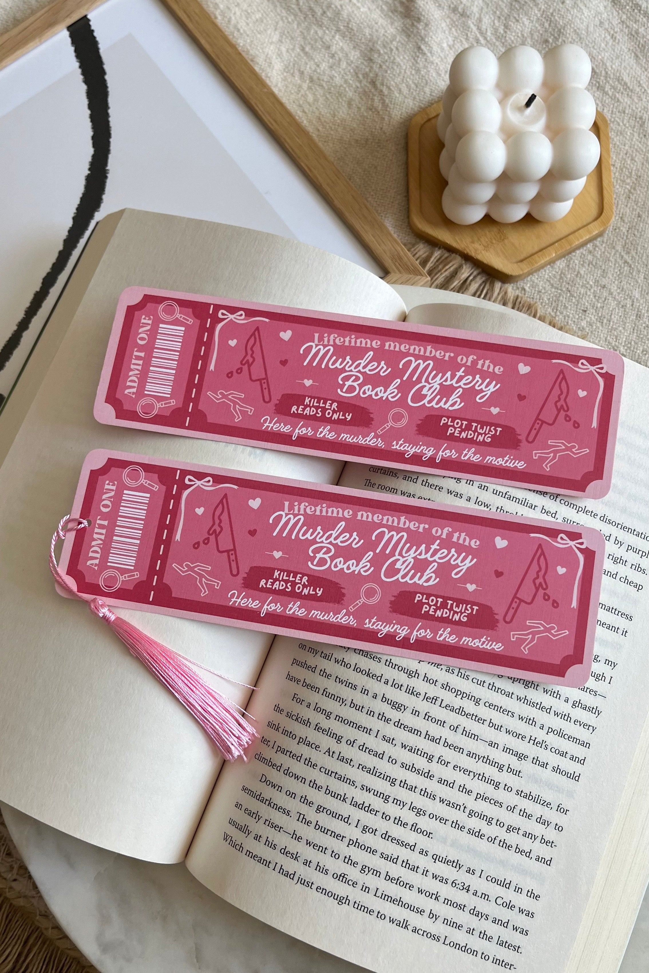 Murder Mystery Book Club Ticket Bookmark, Double Sided Bookmark, Bookclub Bookmark, Ticket Bookmark, Mystery Reader Gift, Cute Bookmark, Murder mystery bookmark, gift for reader, bookmarks, book mark, bookish gift, book lover gift