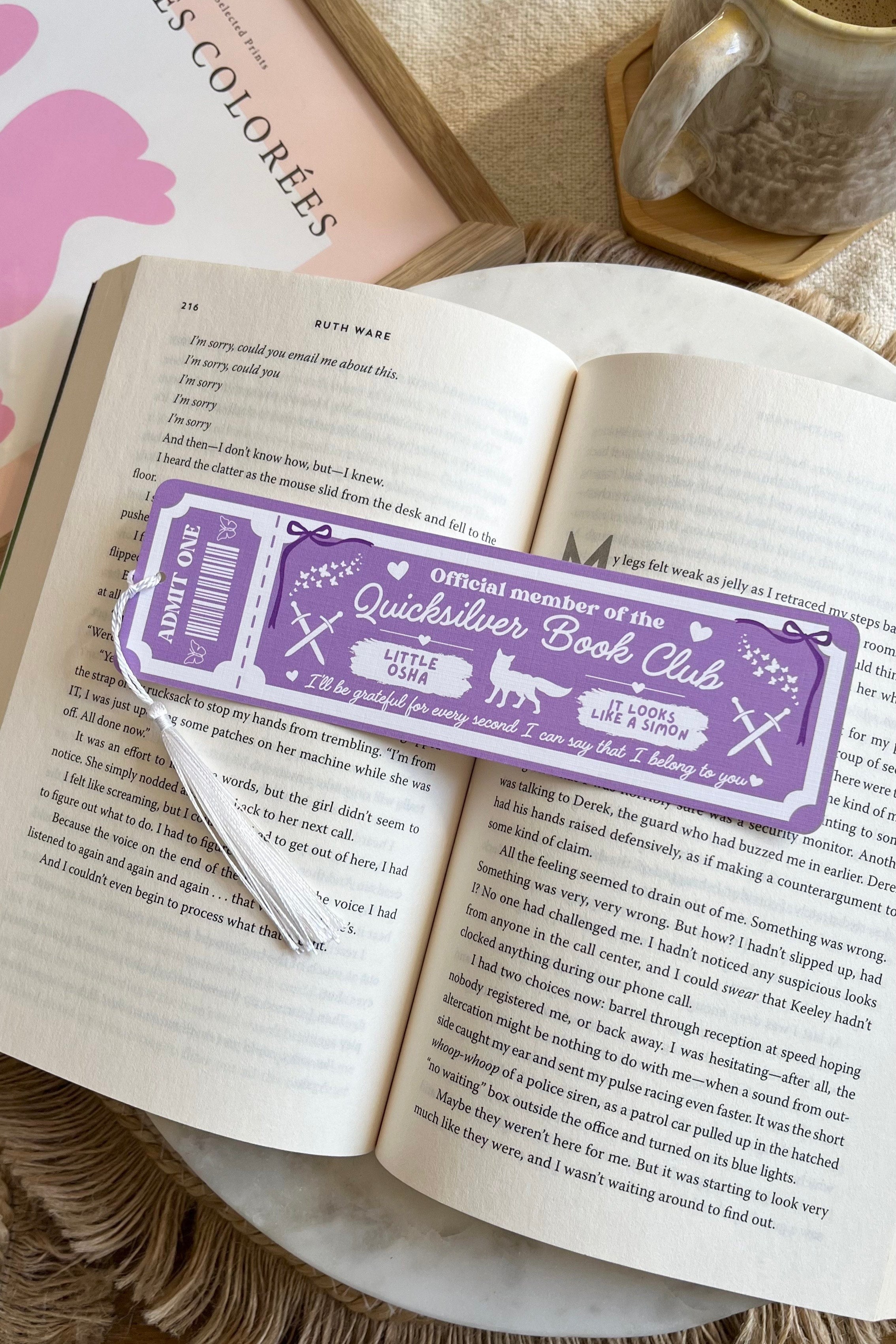 Quicksilver Book Club Ticket Bookmark, Double Sided Bookmark, Bookclub Bookmark, Ticket Bookmark, Quicksilver, Cute Bookmark, Little Osha, Kingfisher, gift for reader, bookmarks, book mark, bookish gift, book lover gift, Quicksilver bookmark, quicksilver Merch, quicksilver accessories