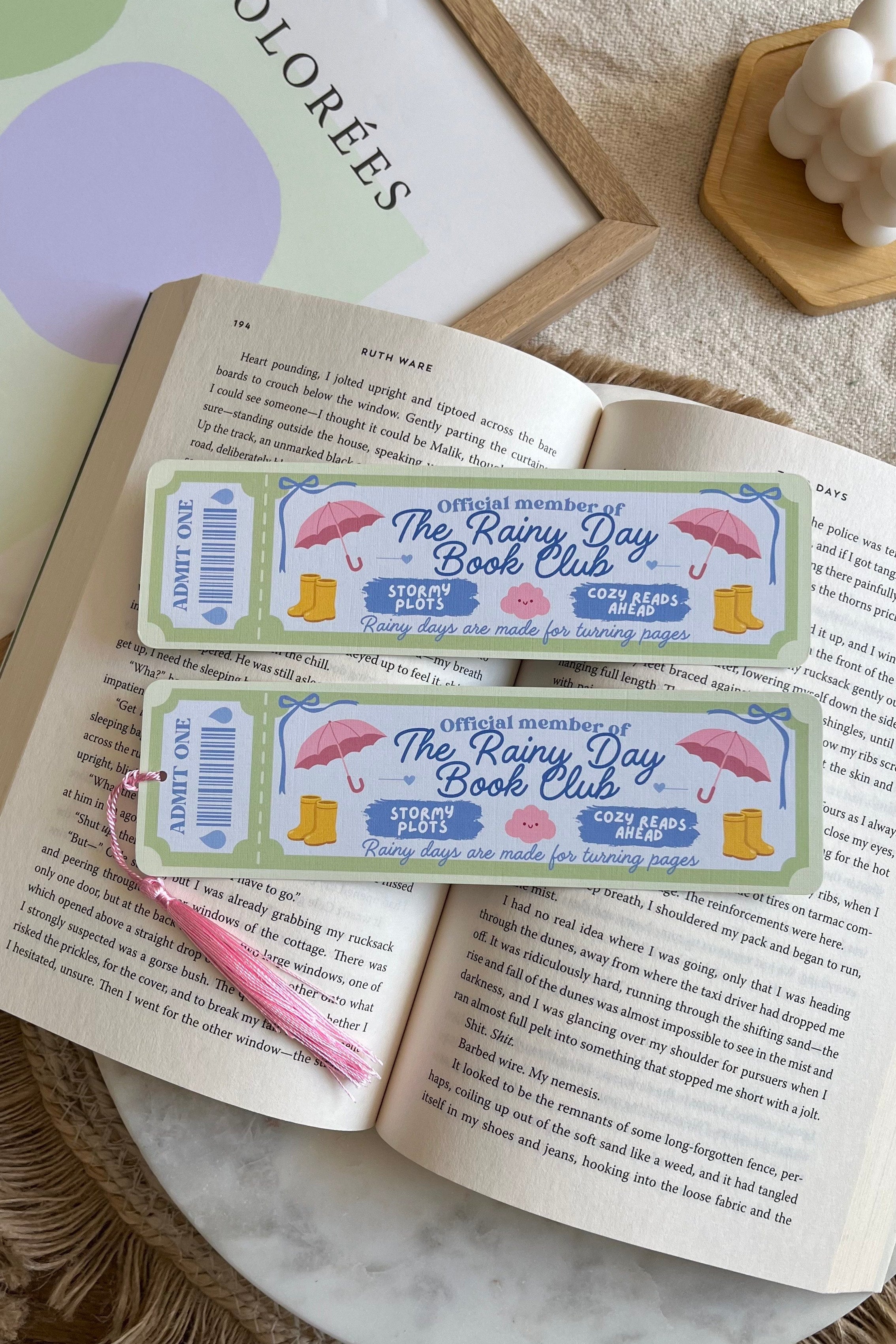 rainy day Book Club Ticket Bookmark, Double Sided Bookmark, Bookclub Bookmark, Ticket Bookmark, Reader Gift, Cute Bookmark, gift for reader, bookmarks, book mark, bookish gift, book lover gift, rainy day bookmark, linen bookmark, romance trope bookmark