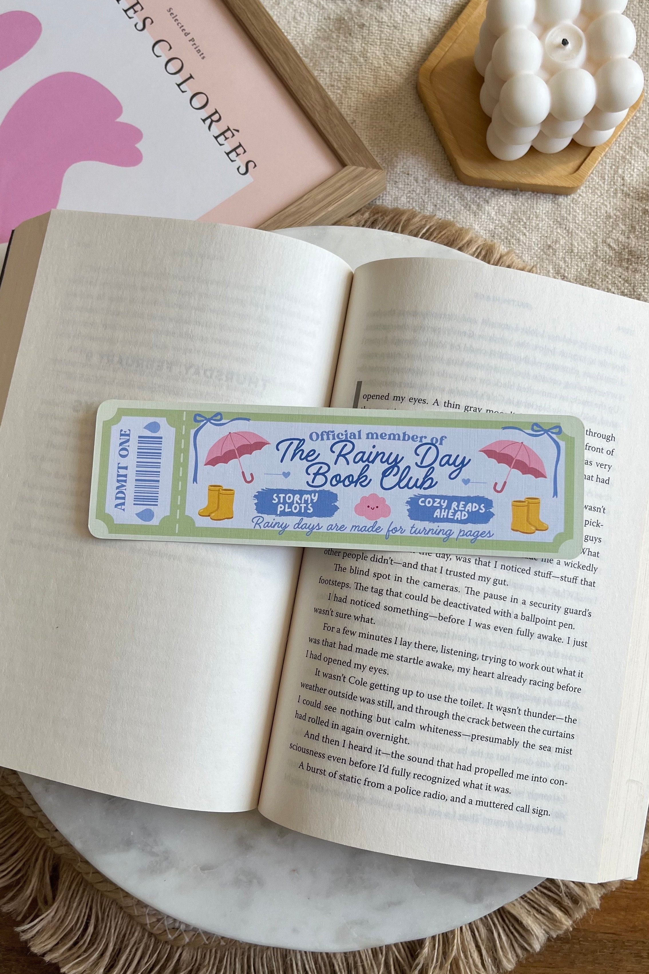 rainy day Book Club Ticket Bookmark, Double Sided Bookmark, Bookclub Bookmark, Ticket Bookmark, Reader Gift, Cute Bookmark, gift for reader, bookmarks, book mark, bookish gift, book lover gift, rainy day bookmark, linen bookmark, romance trope bookmark