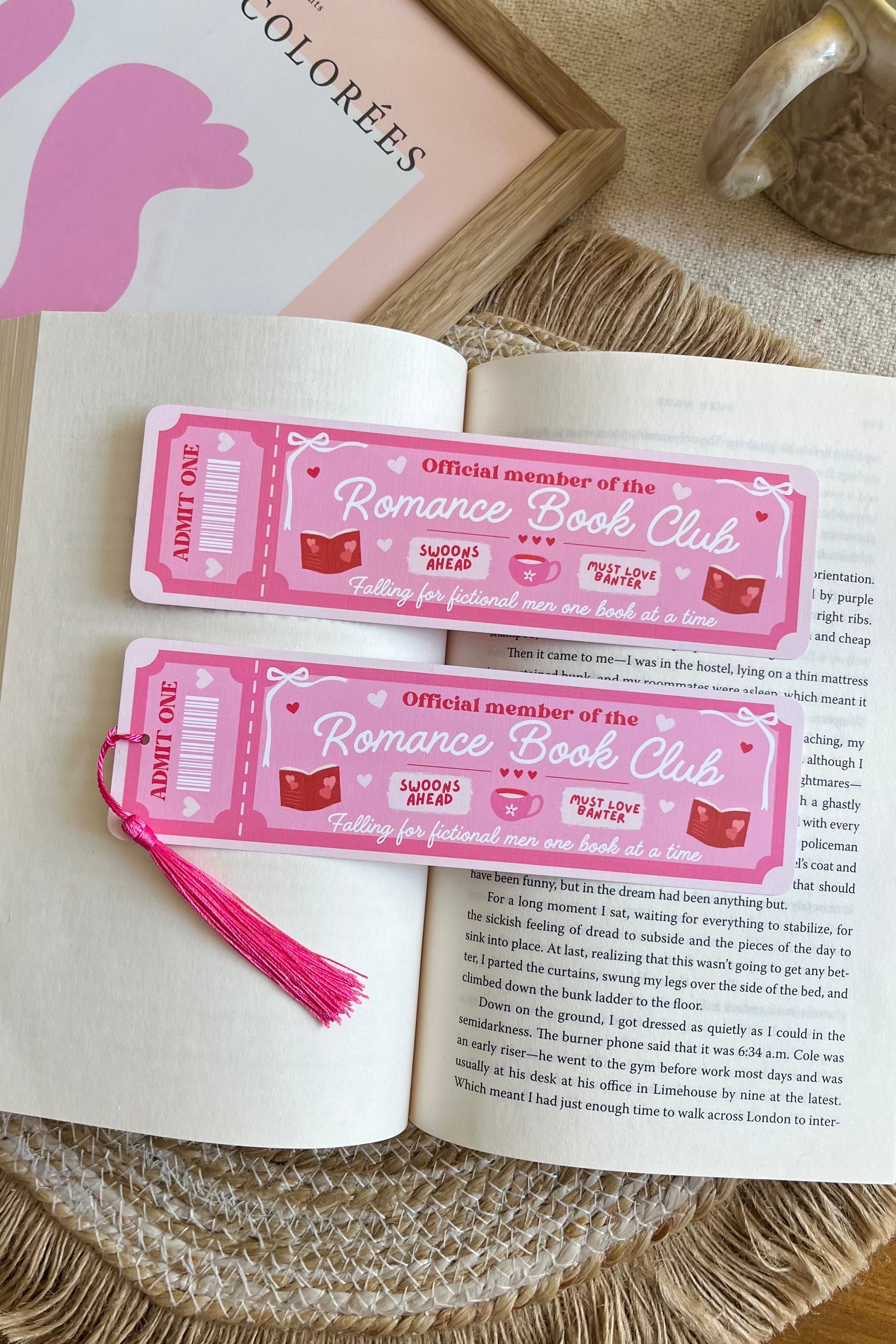 romance Book Club Ticket Bookmark, Double Sided Bookmark, Bookclub Bookmark, Ticket Bookmark, Reader Gift, Cute Bookmark, gift for reader, bookmarks, book mark, bookish gift, book lover gift, enemies to lovers bookmark, linen bookmark, romance bookmark, romance reader gift, pink bookmark