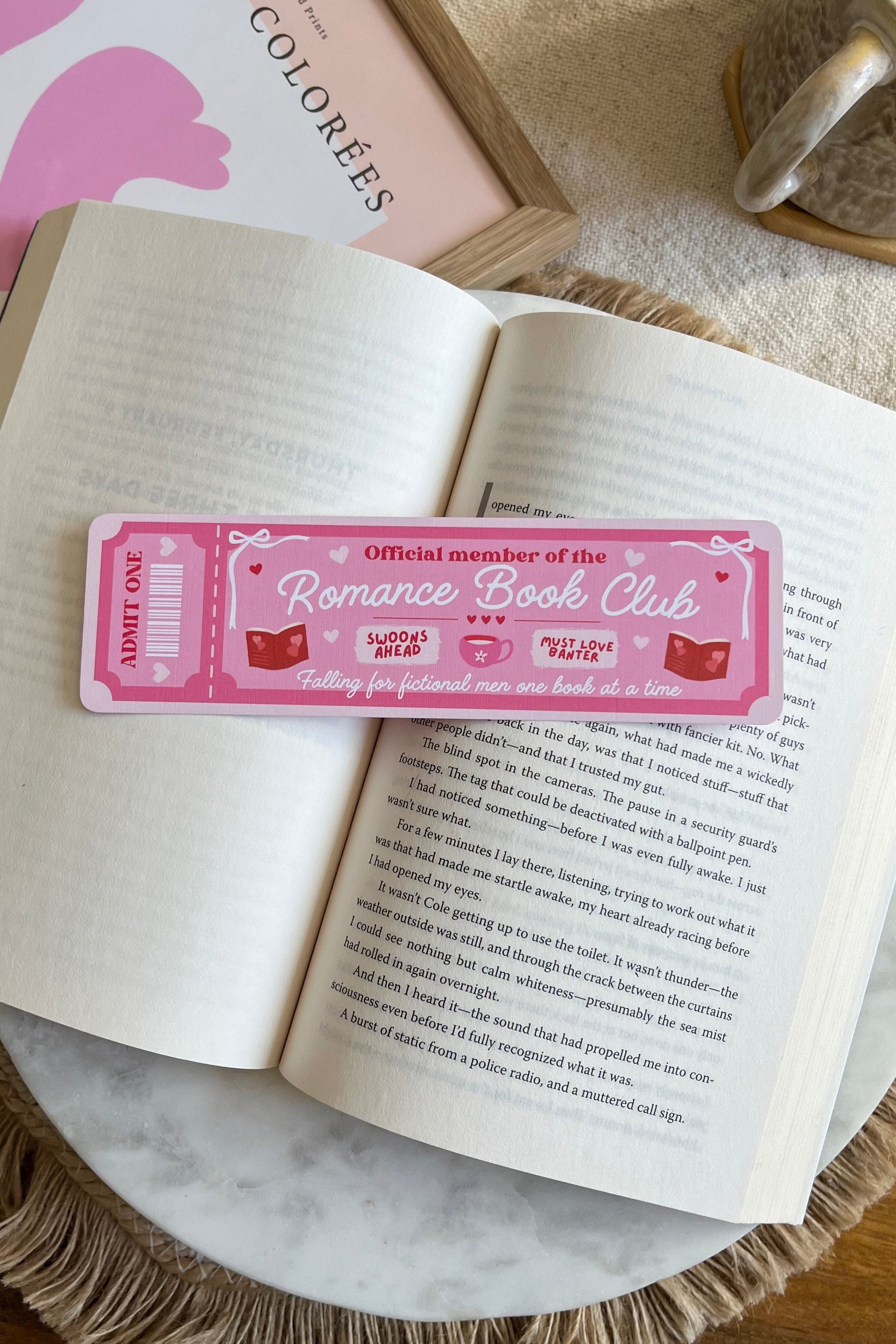 romance Book Club Ticket Bookmark, Double Sided Bookmark, Bookclub Bookmark, Ticket Bookmark, Reader Gift, Cute Bookmark, gift for reader, bookmarks, book mark, bookish gift, book lover gift, enemies to lovers bookmark, linen bookmark, romance bookmark, romance reader gift, pink bookmark