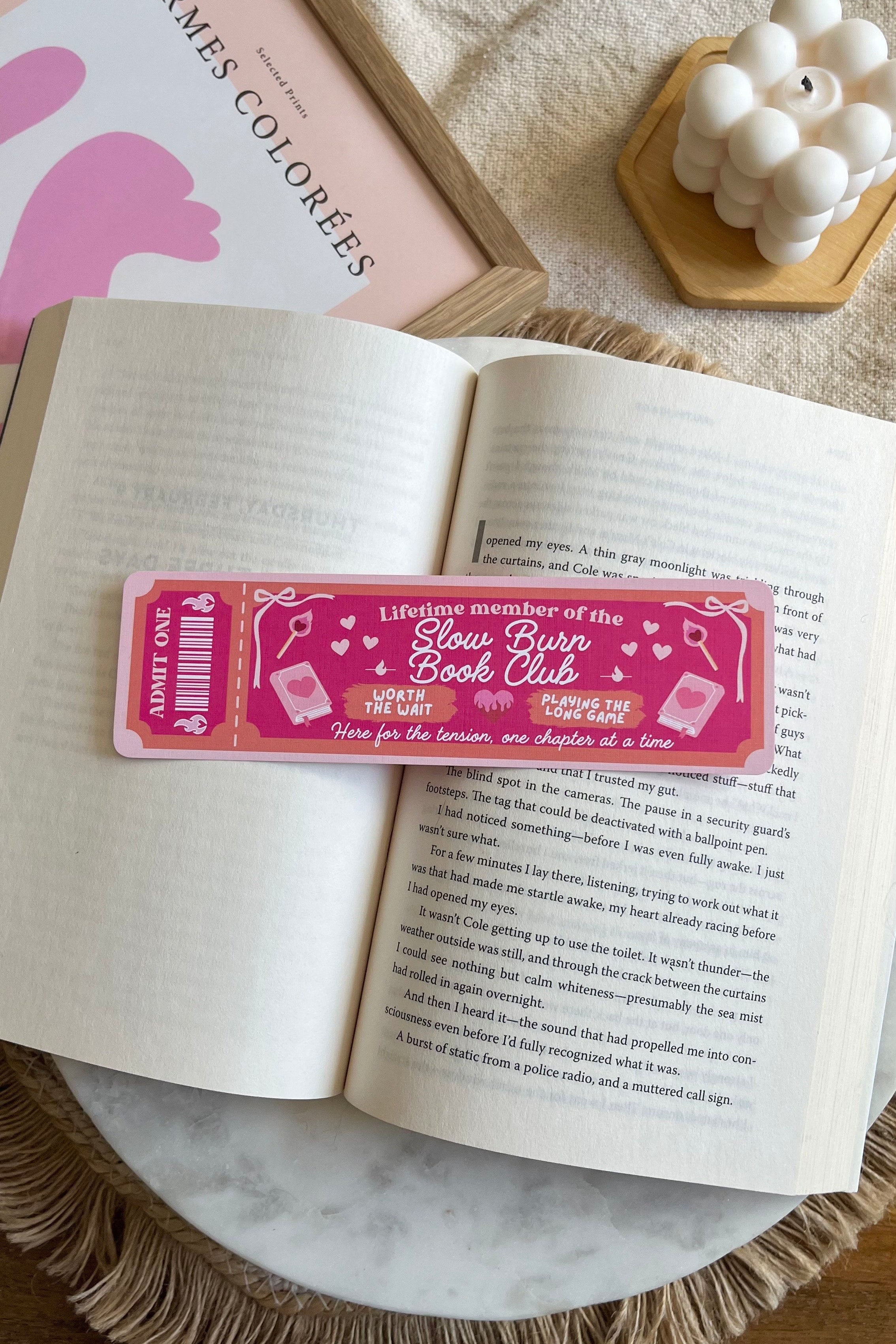 slow burn Book Club Ticket Bookmark, Double Sided Bookmark, Bookclub Bookmark, Ticket Bookmark, Reader Gift, Cute Bookmark, gift for reader, bookmarks, book mark, bookish gift, book lover gift, slow burn bookmark, linen bookmark, romance trope bookmark, romance trope, hot pink bookmark, slow burn, book trope