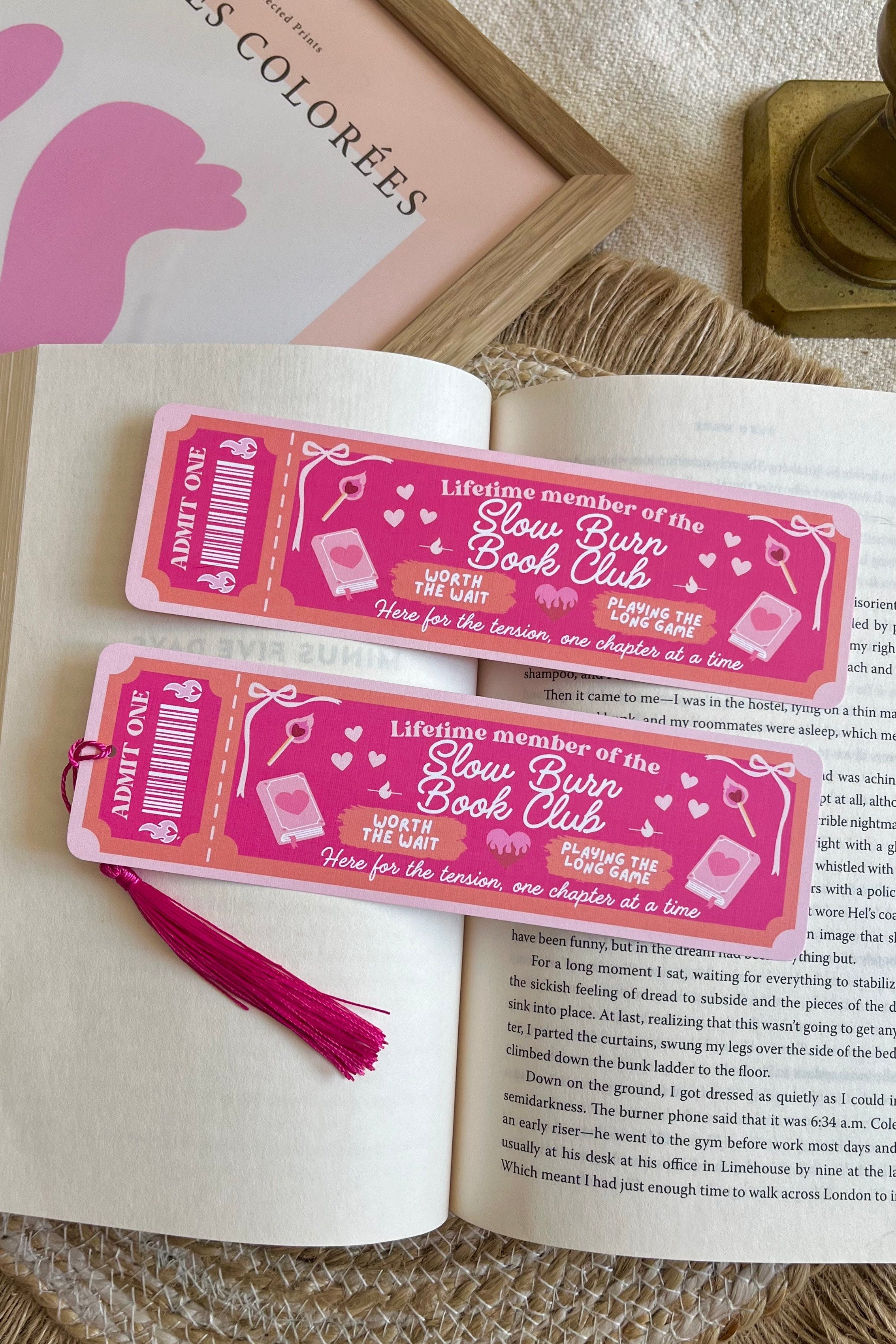 slow burn Book Club Ticket Bookmark, Double Sided Bookmark, Bookclub Bookmark, Ticket Bookmark, Reader Gift, Cute Bookmark, gift for reader, bookmarks, book mark, bookish gift, book lover gift, slow burn bookmark, linen bookmark, romance trope bookmark, romance trope, hot pink bookmark, slow burn, book trope