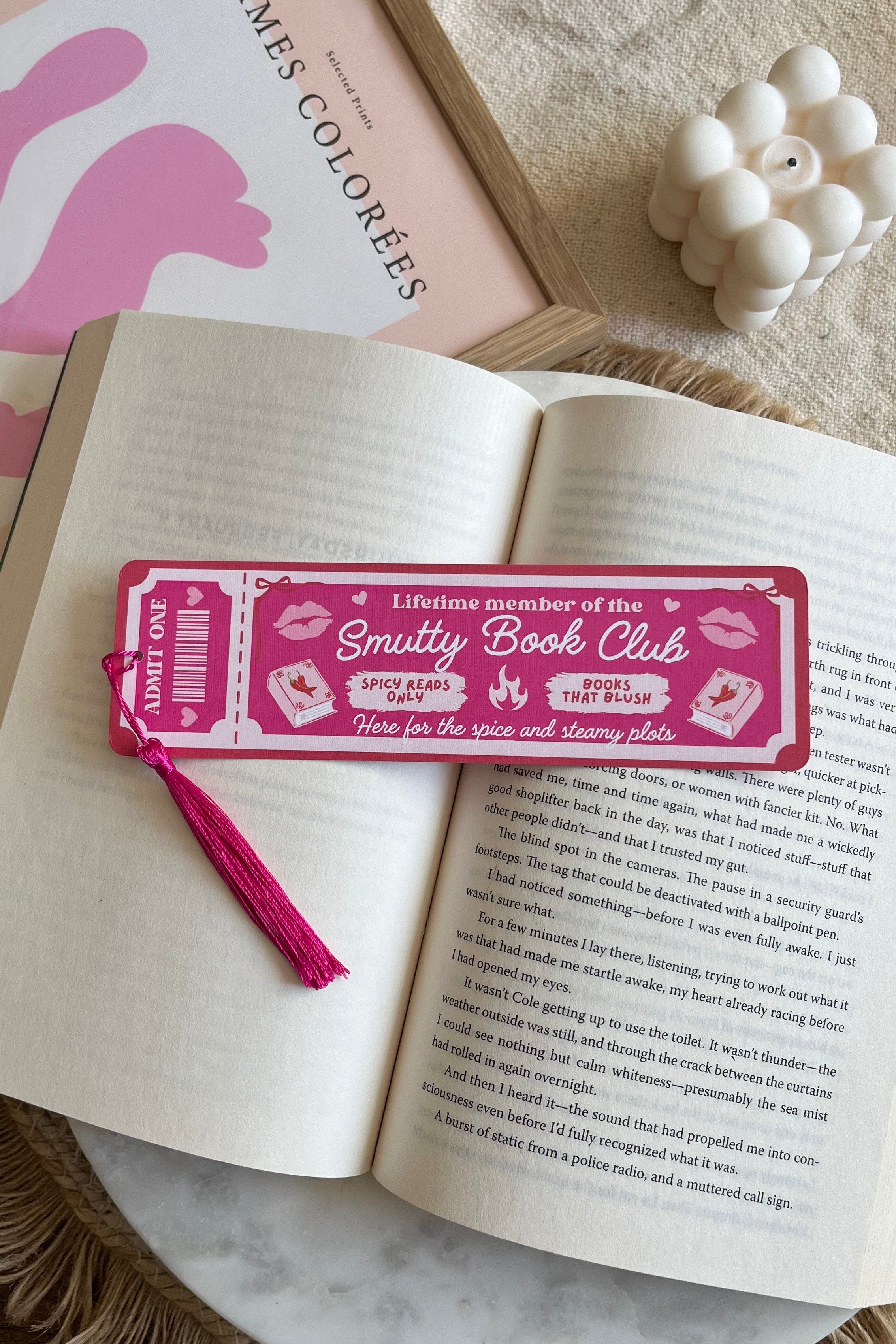 Smutty Book Club Ticket Bookmark, Double Sided Bookmark, Bookclub Bookmark, Ticket Bookmark, Reader Gift, Cute Bookmark, gift for reader, bookmarks, book mark, bookish gift, book lover gift, smut romance bookmark, linen bookmark, romance trope bookmark, pink bookmark