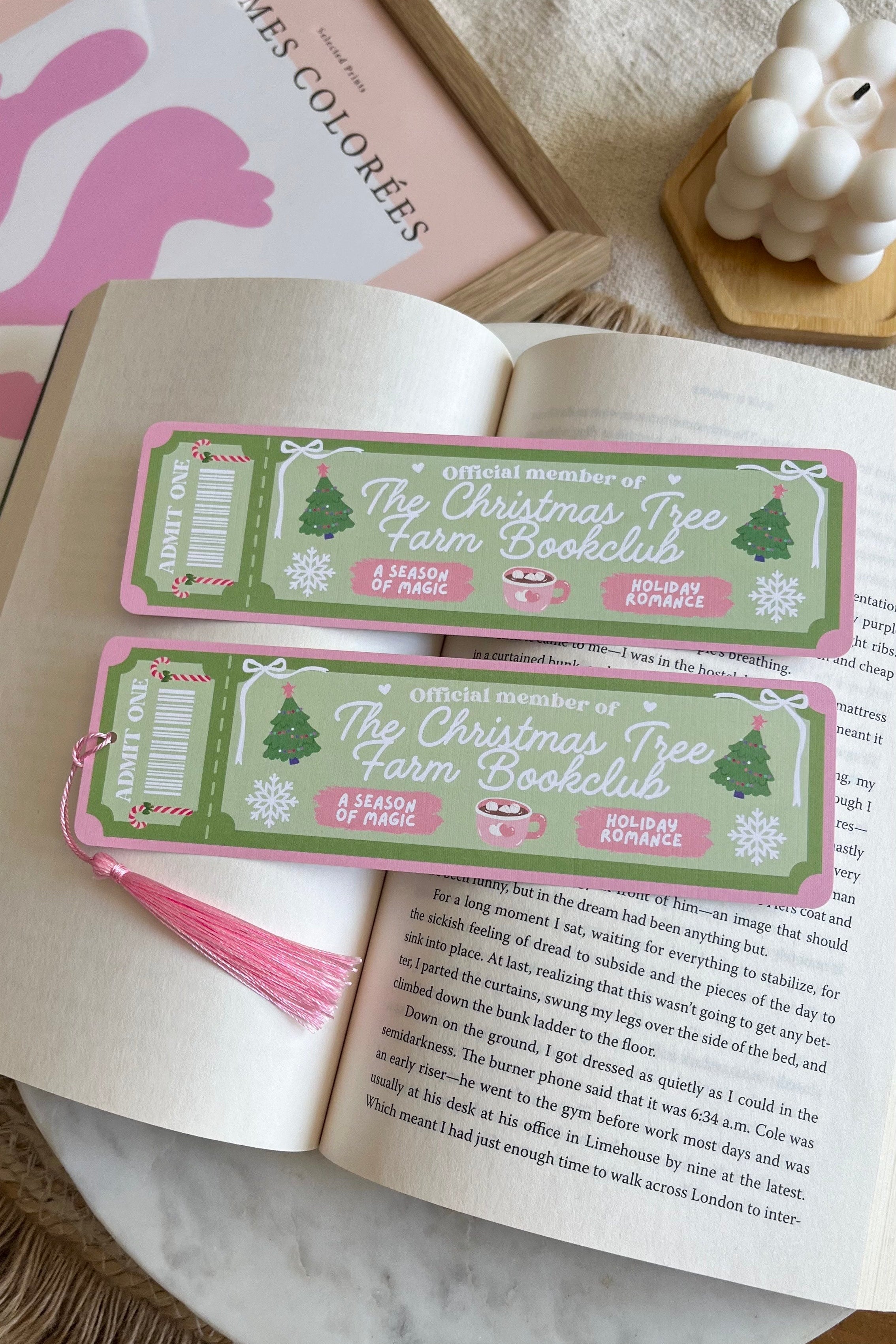 the christmas tree farm Book Club Ticket Bookmark, Double Sided Bookmark, Bookclub Bookmark, Ticket Bookmark, Reader Gift, Cute Bookmark, gift for reader, bookmarks, book mark, bookish gift, book lover gift, enemies to lovers bookmark, linen bookmark, christmas tree farm bookmark, dream harbor,  dream harbor bookmark, Laurie Gilmore Merch, Laurie Gilmore, Laurie Gilmore bookmark
