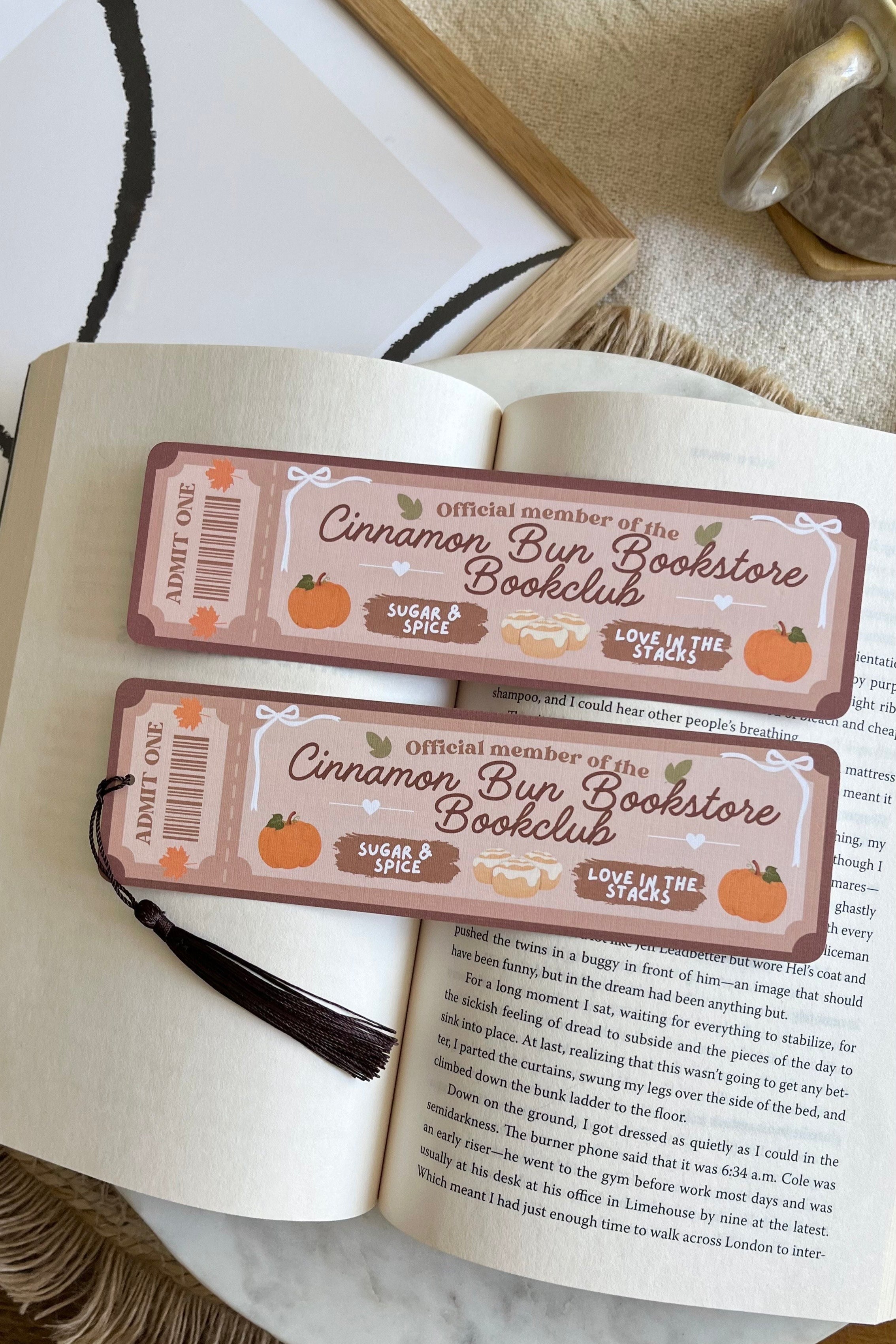 The Cinnamon bun book store Book Club Ticket Bookmark, Double Sided Bookmark, Bookclub Bookmark, Ticket Bookmark, Reader Gift, Cute Bookmark, gift for reader, bookmarks, book mark, bookish gift, book lover gift, enemies to lovers bookmark, linen bookmark, The cinnamon bun bookstore bookmark, dream harbor,  dream harbor bookmark, Laurie Gilmore Merch, Laurie Gilmore, Laurie Gilmore bookmark, fall bookmark, autumn bookmark