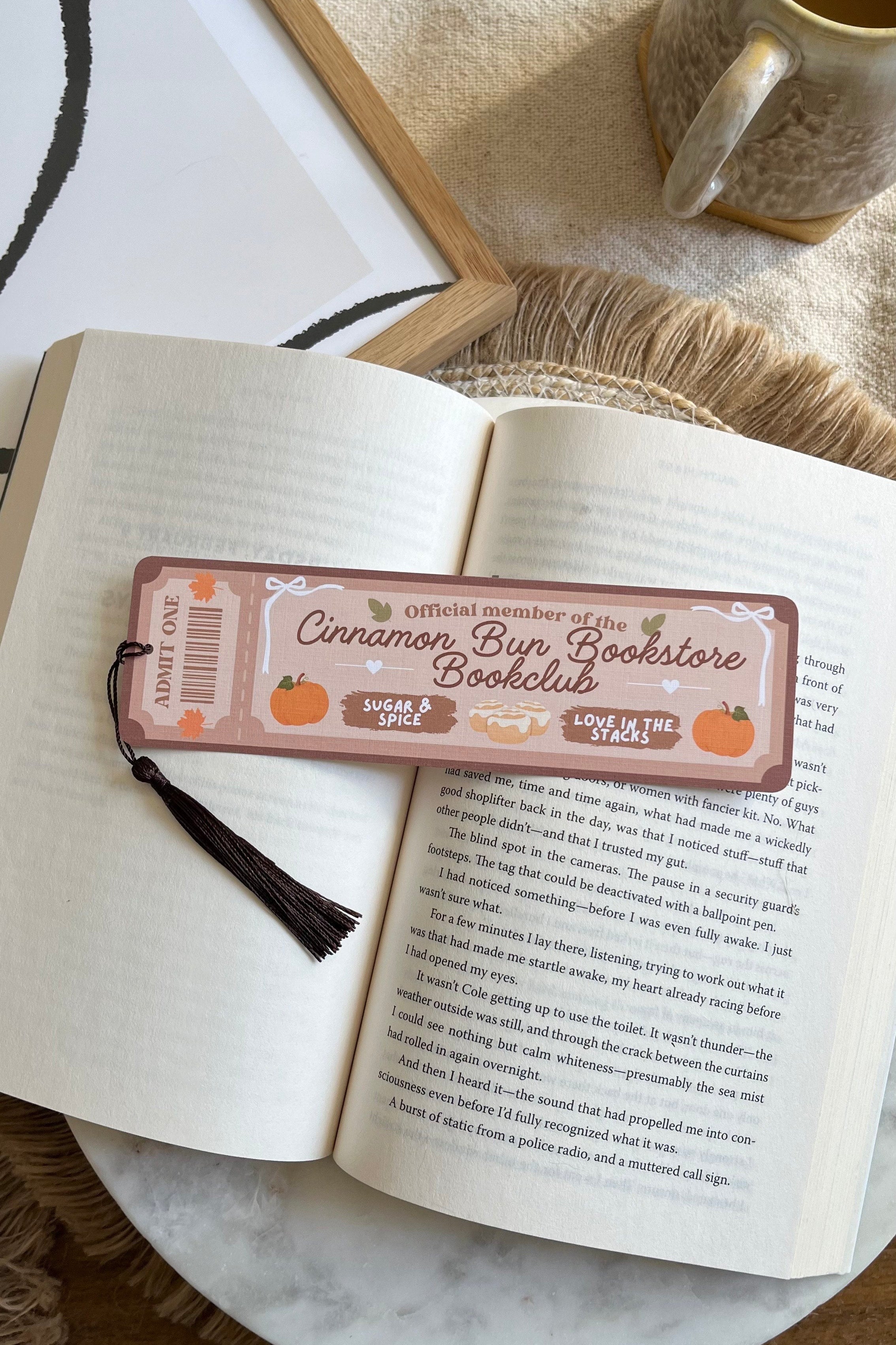 The Cinnamon bun book store Book Club Ticket Bookmark, Double Sided Bookmark, Bookclub Bookmark, Ticket Bookmark, Reader Gift, Cute Bookmark, gift for reader, bookmarks, book mark, bookish gift, book lover gift, enemies to lovers bookmark, linen bookmark, The cinnamon bun bookstore bookmark, dream harbor,  dream harbor bookmark, Laurie Gilmore Merch, Laurie Gilmore, Laurie Gilmore bookmark, fall bookmark, autumn bookmark