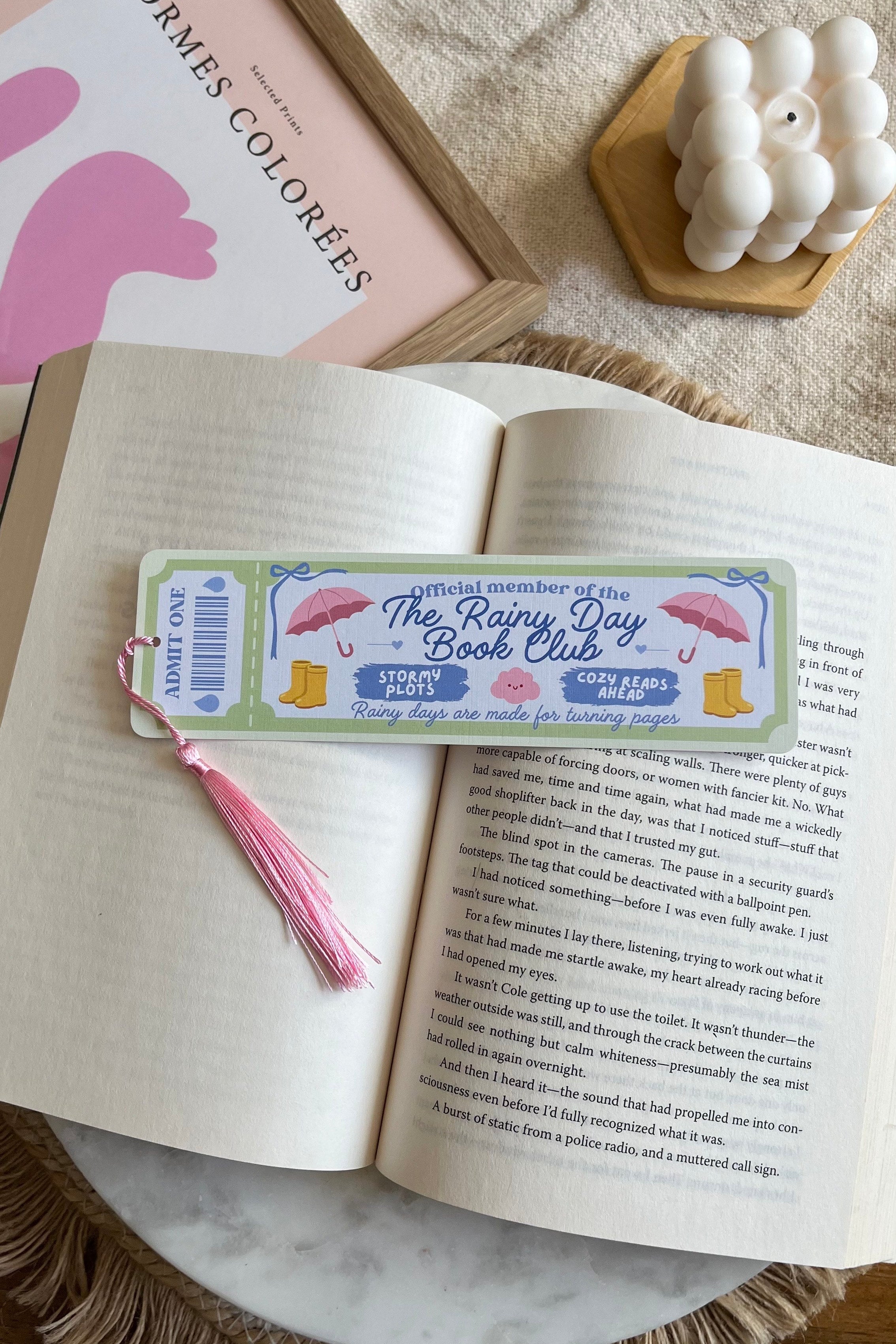 rainy day Book Club Ticket Bookmark, Double Sided Bookmark, Bookclub Bookmark, Ticket Bookmark, Reader Gift, Cute Bookmark, gift for reader, bookmarks, book mark, bookish gift, book lover gift, rainy day bookmark, linen bookmark, romance trope bookmark