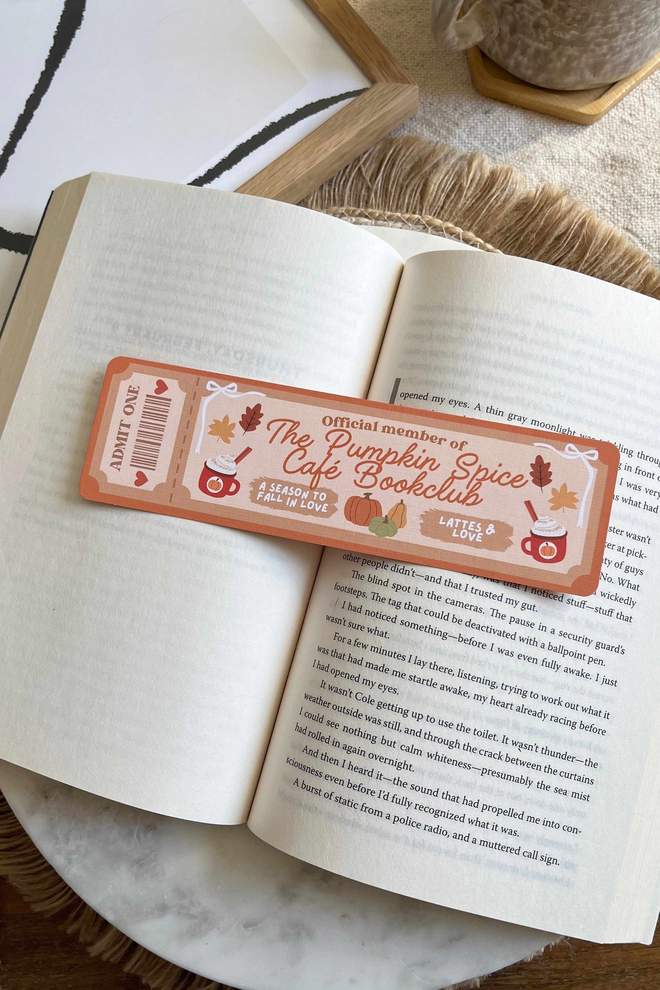 The pumpkin spice cafe Book Club Ticket Bookmark, Double Sided Bookmark, Bookclub Bookmark, Ticket Bookmark, Reader Gift, Cute Bookmark, gift for reader, bookmarks, book mark, bookish gift, book lover gift, enemies to lovers bookmark, linen bookmark, The pumpkin spice cafe bookmark, dream harbor,  dream harbor bookmark, Laurie Gilmore Merch, Laurie Gilmore, Laurie Gilmore bookmark, fall bookmark, autumn bookmark