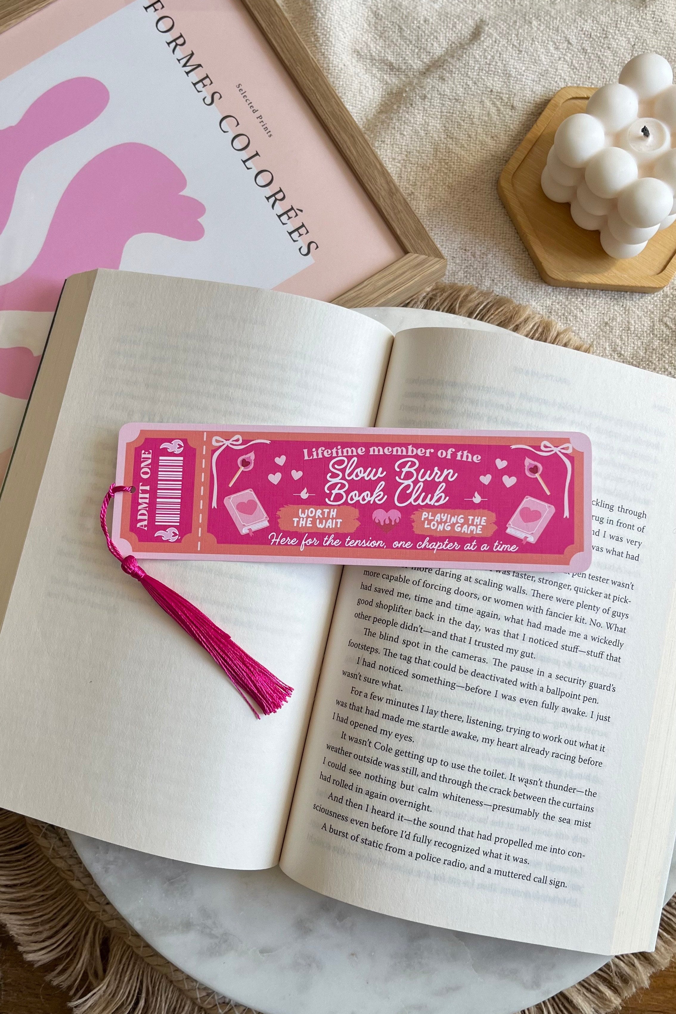 slow burn Book Club Ticket Bookmark, Double Sided Bookmark, Bookclub Bookmark, Ticket Bookmark, Reader Gift, Cute Bookmark, gift for reader, bookmarks, book mark, bookish gift, book lover gift, slow burn bookmark, linen bookmark, romance trope bookmark, romance trope, hot pink bookmark, slow burn, book trope