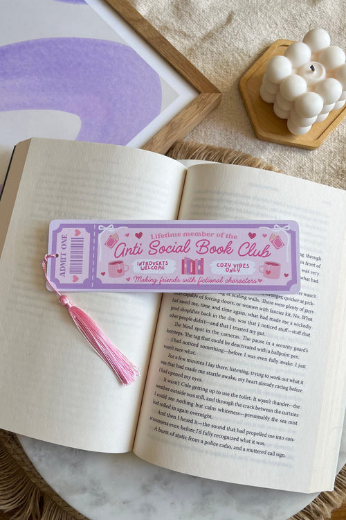 anti social Book Club Ticket Bookmark, Double Sided Bookmark, Bookclub Bookmark, Ticket Bookmark, Reader Gift, Cute Bookmark, gift for reader, bookmarks, book mark, bookish gift, book lover gift, anti social bookmark, linen bookmark, romance trope bookmark, pink and purple bookmark, pink bookmark, purple bookmark
