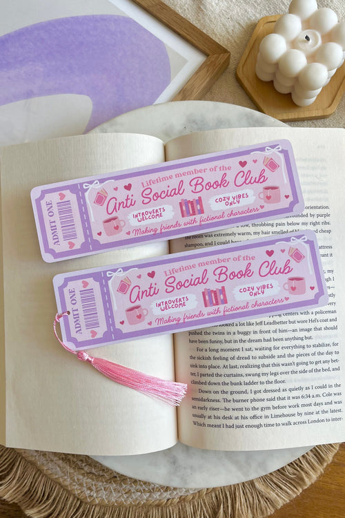 anti social Book Club Ticket Bookmark, Double Sided Bookmark, Bookclub Bookmark, Ticket Bookmark, Reader Gift, Cute Bookmark, gift for reader, bookmarks, book mark, bookish gift, book lover gift, anti social bookmark, linen bookmark, romance trope bookmark, pink and purple bookmark, pink bookmark, purple bookmark
