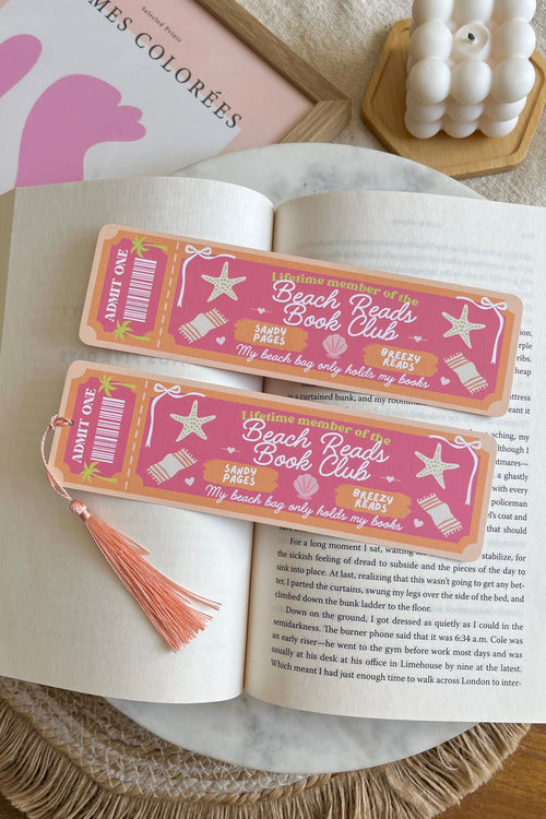 beach reads Book Club Ticket Bookmark, Double Sided Bookmark, Bookclub Bookmark, Ticket Bookmark, Reader Gift, Cute Bookmark, gift for reader, bookmarks, book mark, bookish gift, book lover gift, rainy day bookmark, linen bookmark, summer bookmark, pink bookmark