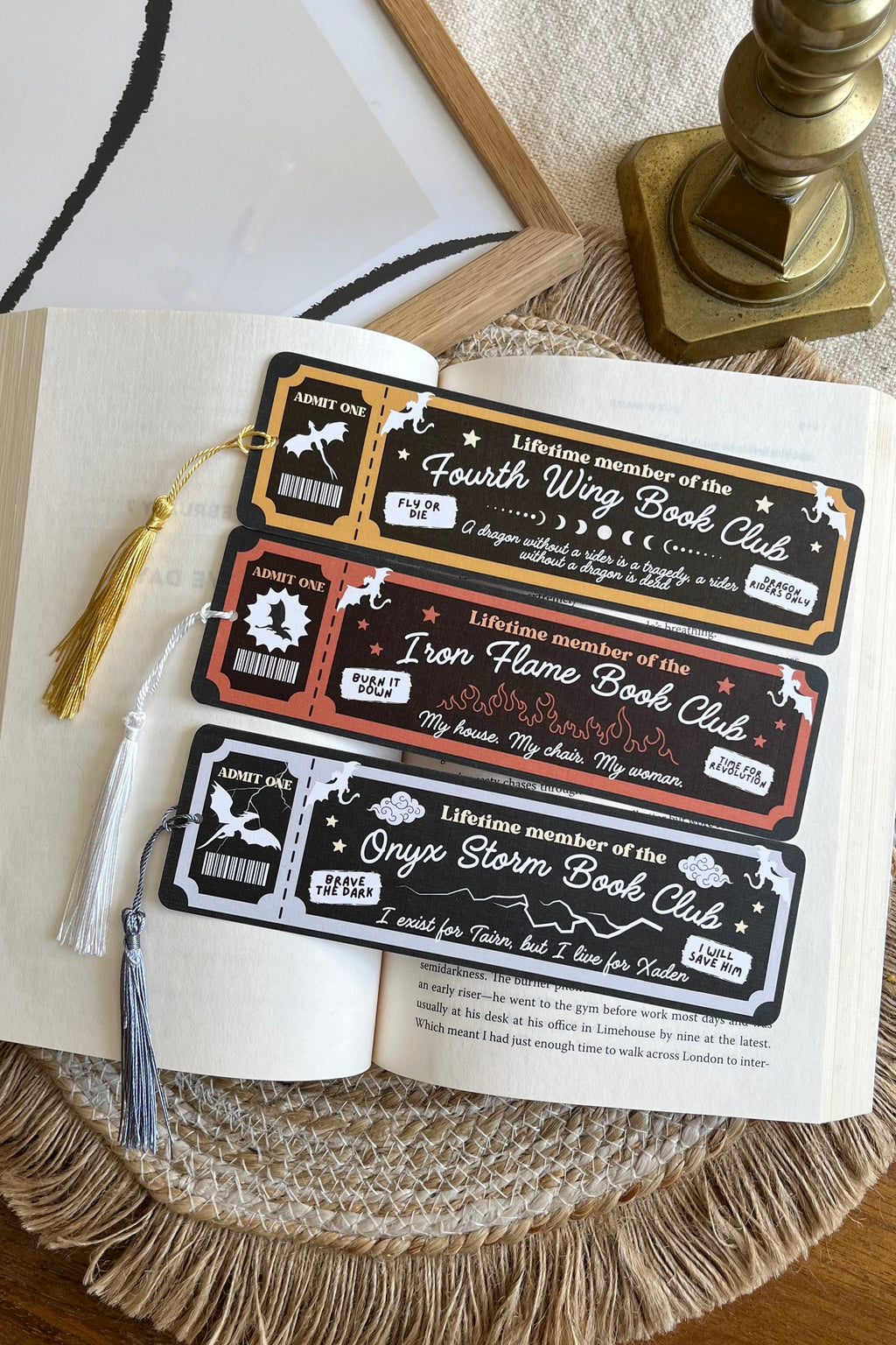 fourth wing Book Club Ticket Bookmark, Double Sided Bookmark, Bookclub Bookmark, Ticket Bookmark, Reader Gift, Cute Bookmark, gift for reader, bookmarks, book mark, bookish gift, book lover gift, fourth wing Merch, fourth wing accessories, onyx storm, iron flame, fourth wing, bounded bloom, linen bookmark