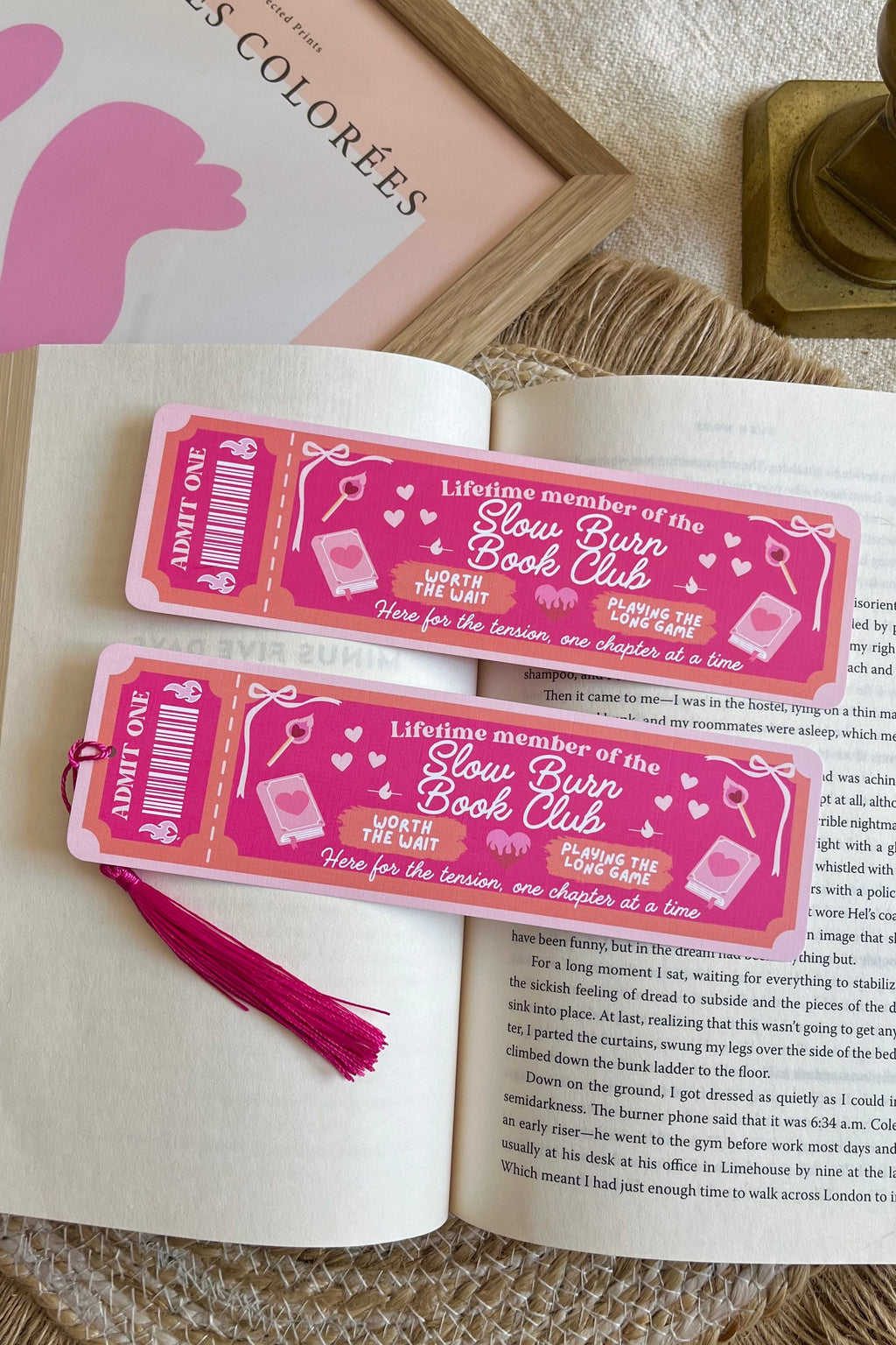 slow burn Book Club Ticket Bookmark, Double Sided Bookmark, Bookclub Bookmark, Ticket Bookmark, Reader Gift, Cute Bookmark, gift for reader, bookmarks, book mark, bookish gift, book lover gift, slow burn bookmark, linen bookmark, romance trope bookmark, romance trope, hot pink bookmark, slow burn, book trope
