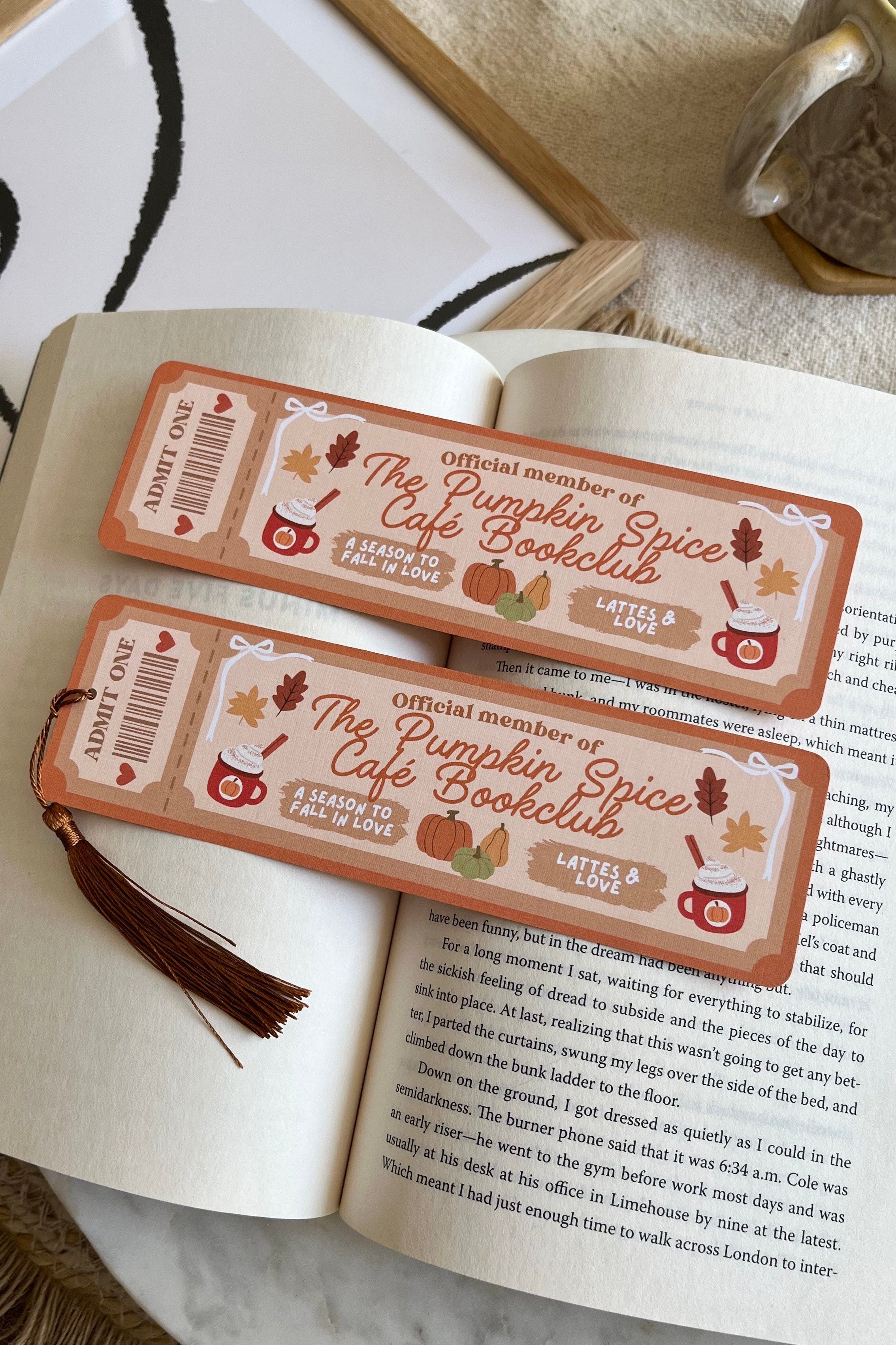 The pumpkin spice cafe Book Club Ticket Bookmark, Double Sided Bookmark, Bookclub Bookmark, Ticket Bookmark, Reader Gift, Cute Bookmark, gift for reader, bookmarks, book mark, bookish gift, book lover gift, enemies to lovers bookmark, linen bookmark, The pumpkin spice cafe bookmark, dream harbor,  dream harbor bookmark, Laurie Gilmore Merch, Laurie Gilmore, Laurie Gilmore bookmark, fall bookmark, autumn bookmark