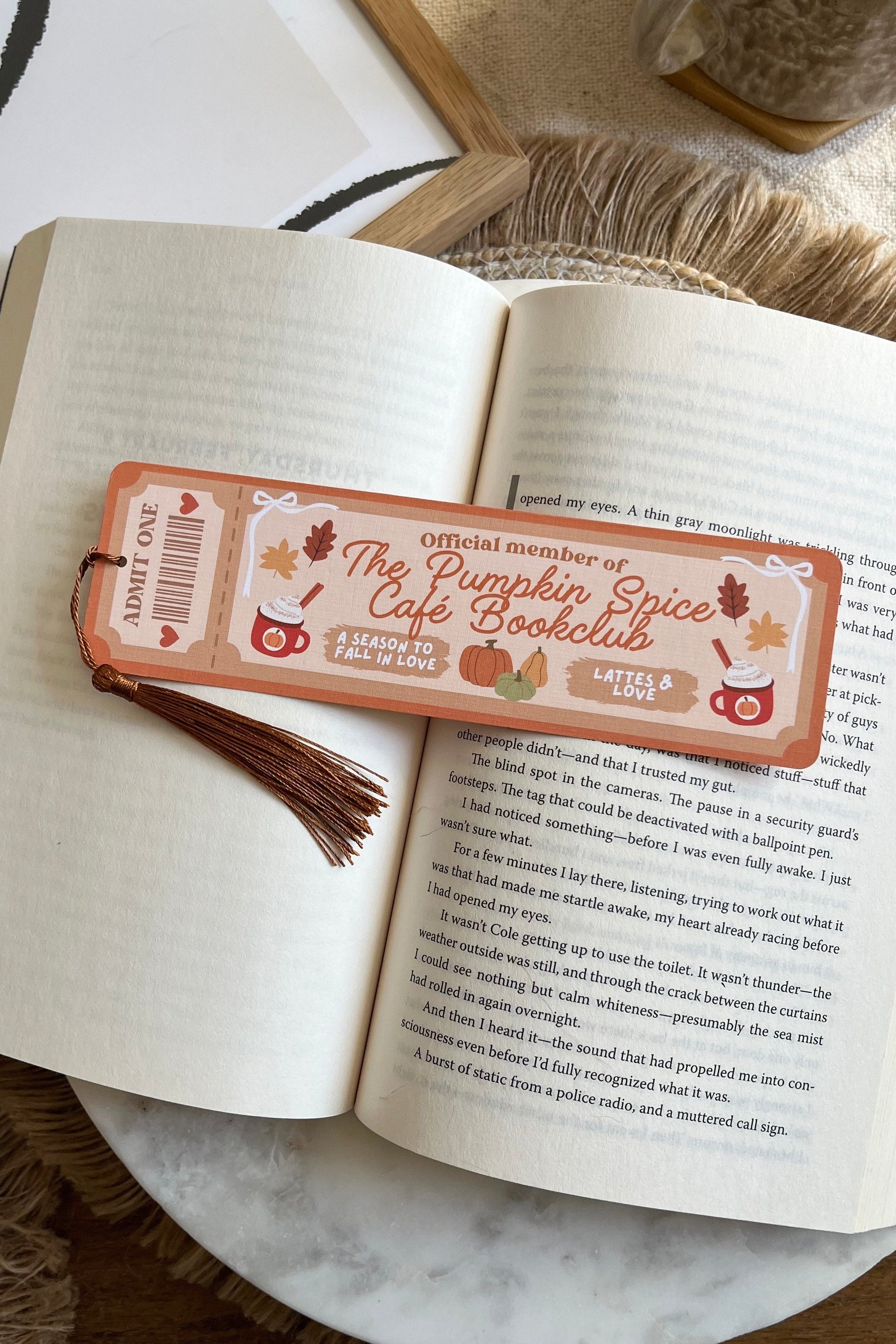 The pumpkin spice cafe Book Club Ticket Bookmark, Double Sided Bookmark, Bookclub Bookmark, Ticket Bookmark, Reader Gift, Cute Bookmark, gift for reader, bookmarks, book mark, bookish gift, book lover gift, enemies to lovers bookmark, linen bookmark, The pumpkin spice cafe bookmark, dream harbor,  dream harbor bookmark, Laurie Gilmore Merch, Laurie Gilmore, Laurie Gilmore bookmark, fall bookmark, autumn bookmark