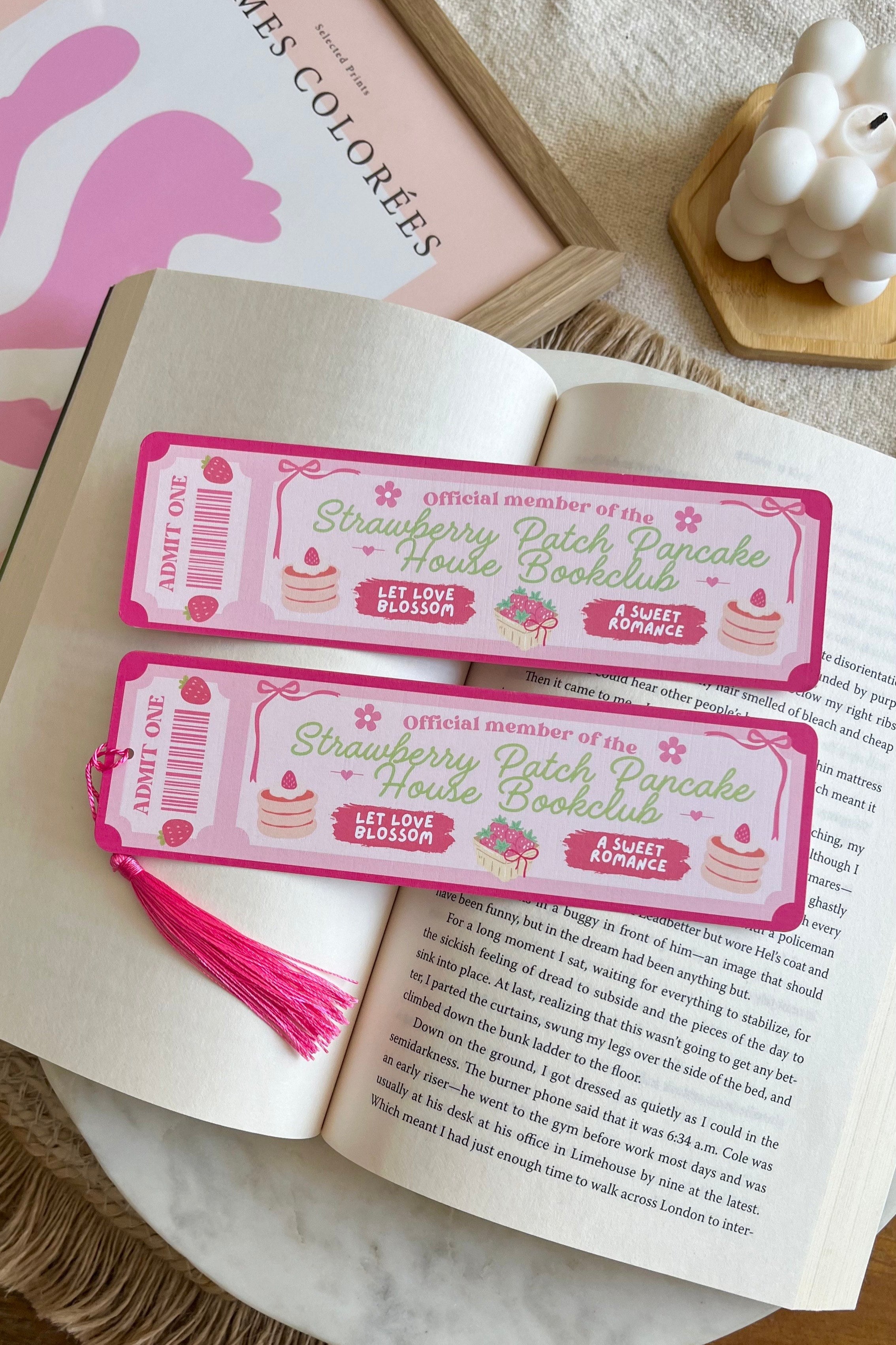 strawberry pancake house Book Club Ticket Bookmark, Double Sided Bookmark, Bookclub Bookmark, Ticket Bookmark, Reader Gift, Cute Bookmark, gift for reader, bookmarks, book mark, bookish gift, book lover gift, enemies to lovers bookmark, linen bookmark, strawberry pancake house bookmark, dream harbor,  dream harbor bookmark, Laurie Gilmore Merch, Laurie Gilmore, Laurie Gilmore bookmark